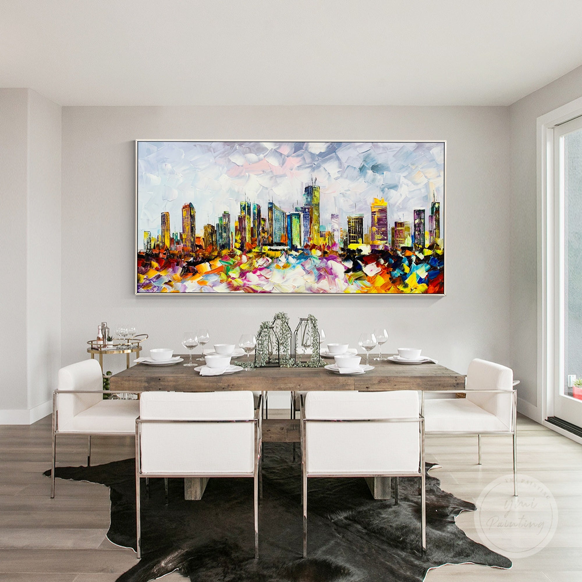 Vibrant Philadelphia skyline painting, with bold palette knife strokes and textured acrylic canvas art.