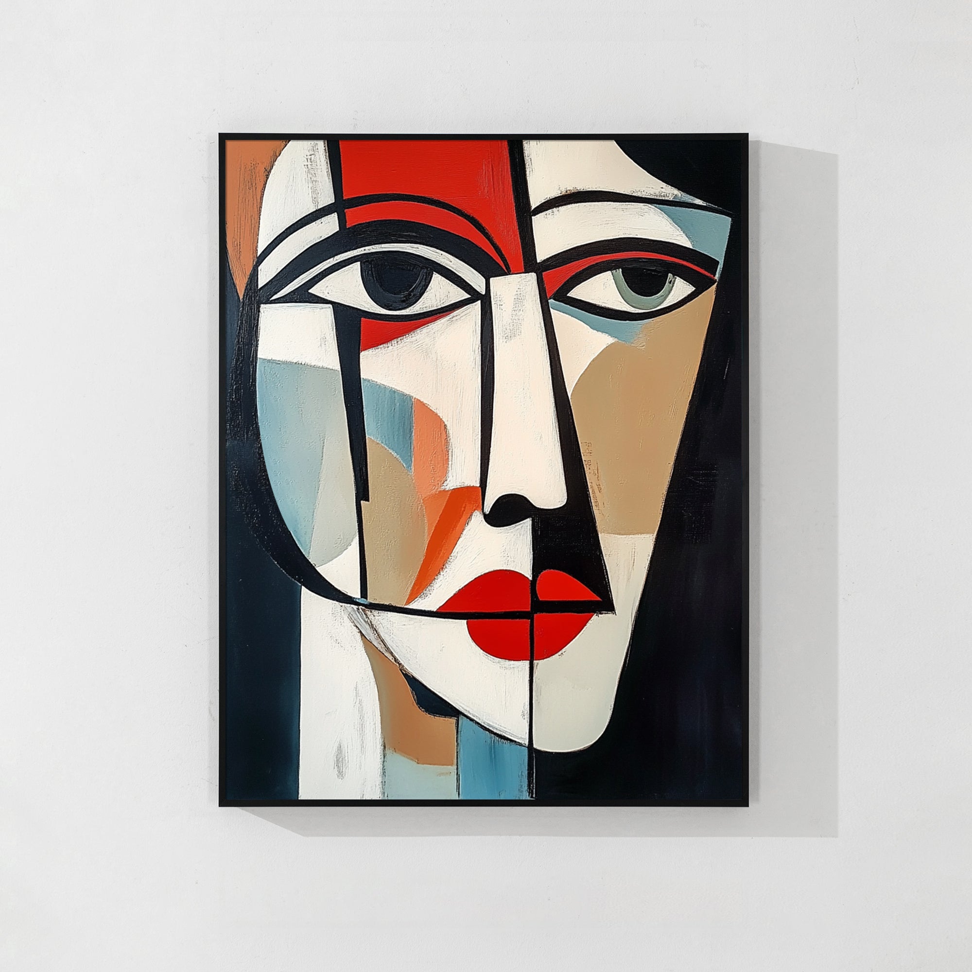 Spanish geometric cubism painting featuring bold blue hues and fragmented female forms.