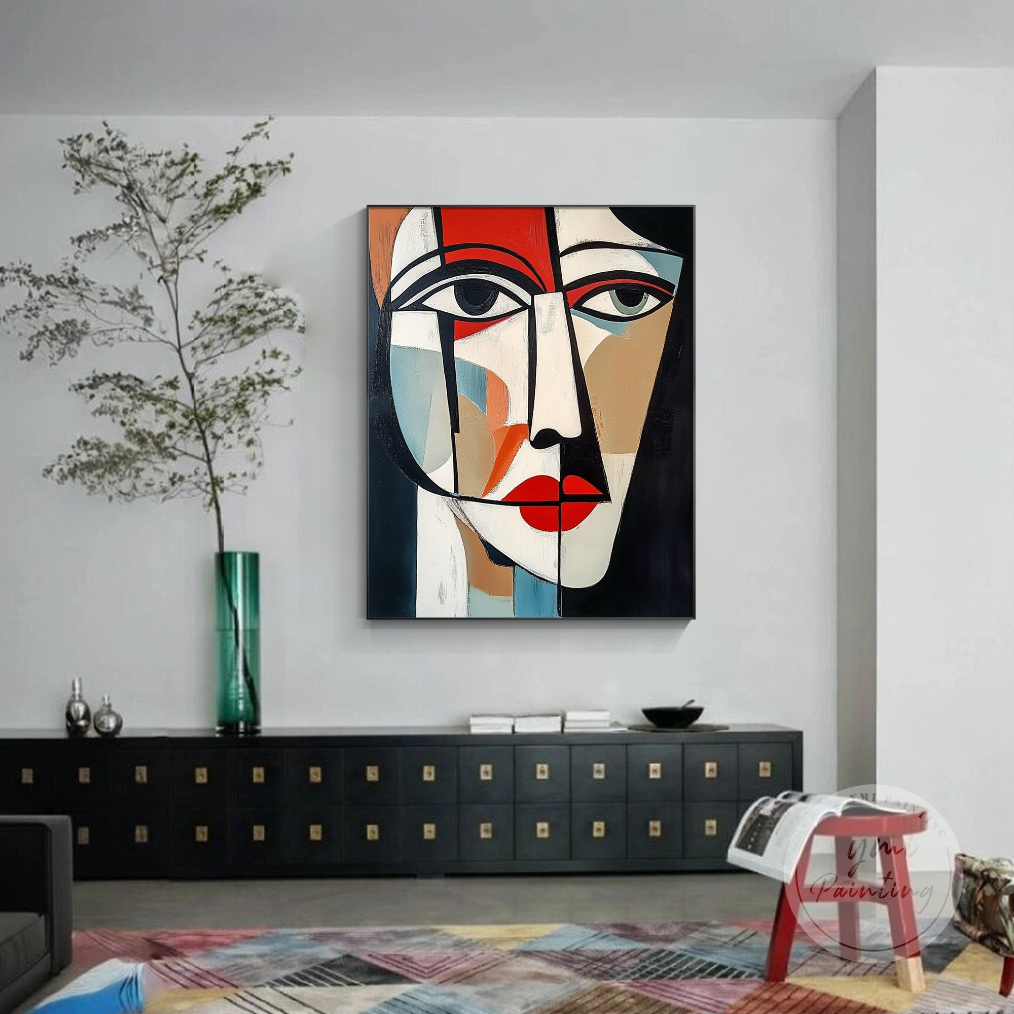 Large abstract cubist portrait inspired by Picasso’s blue period, showcasing geometric shapes and emotional depth.