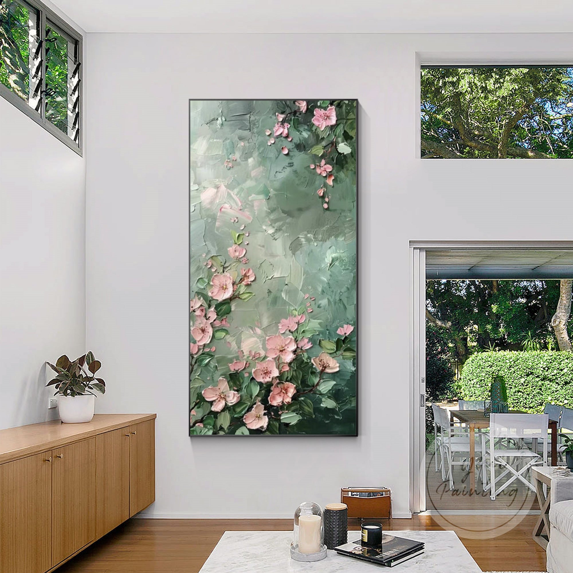 Rectangular painting of pink flowers with dark gray details