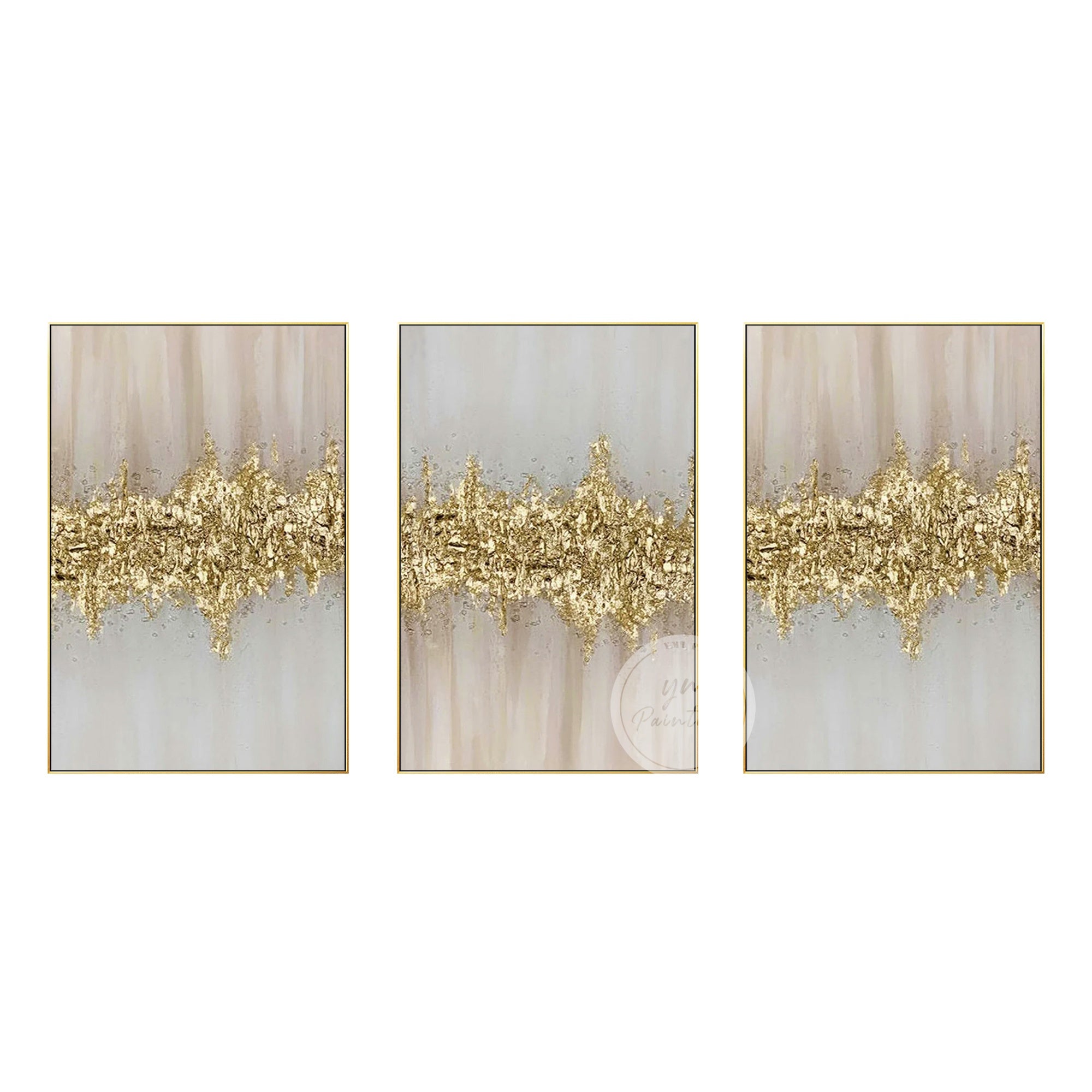 Three-panel pink and gold textured abstract wall art set displayed in a modern bedroom