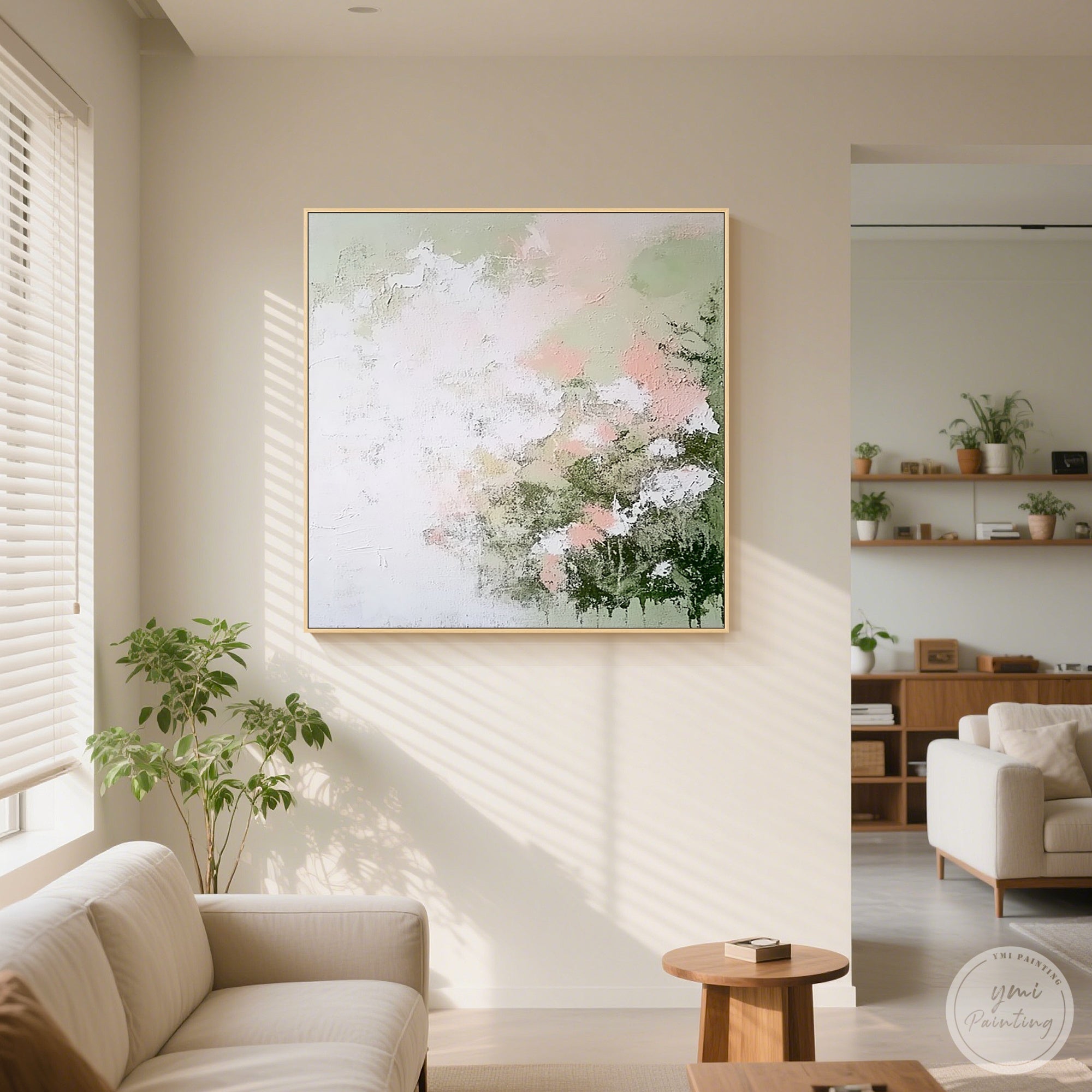 Textured abstract flower wall art enhancing a bright living room interior