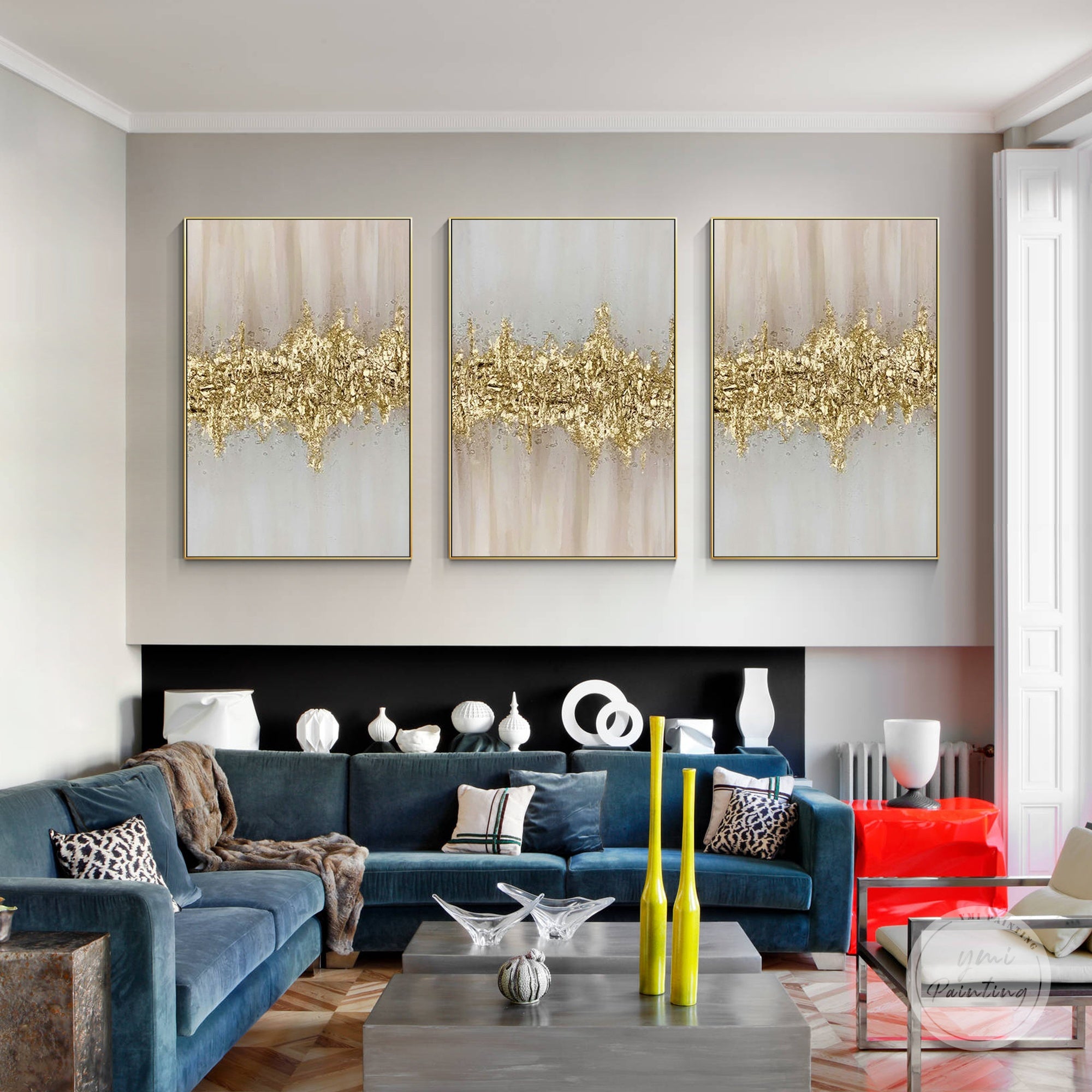 Three-piece pink and gold abstract textured acrylic painting set in a minimalist living room