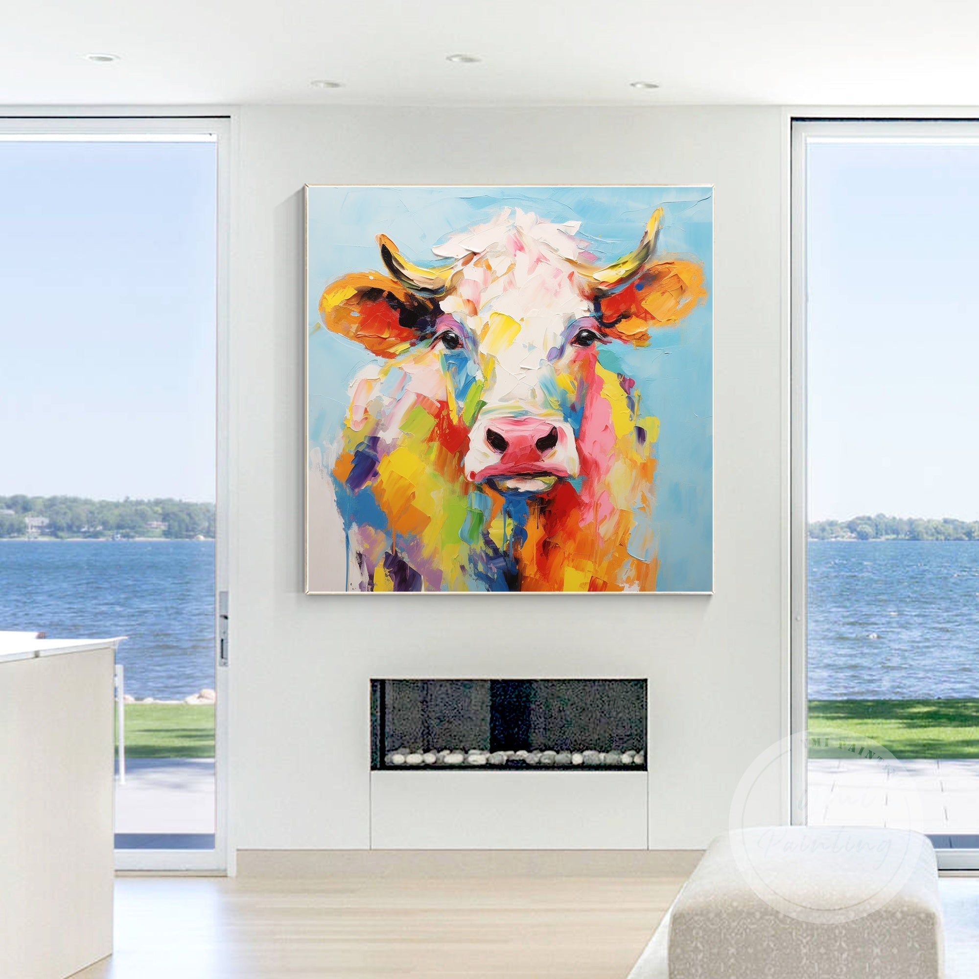 This colorful cow portrait adds charm to your living room decor, featuring cheerful hues on a soft blue background.