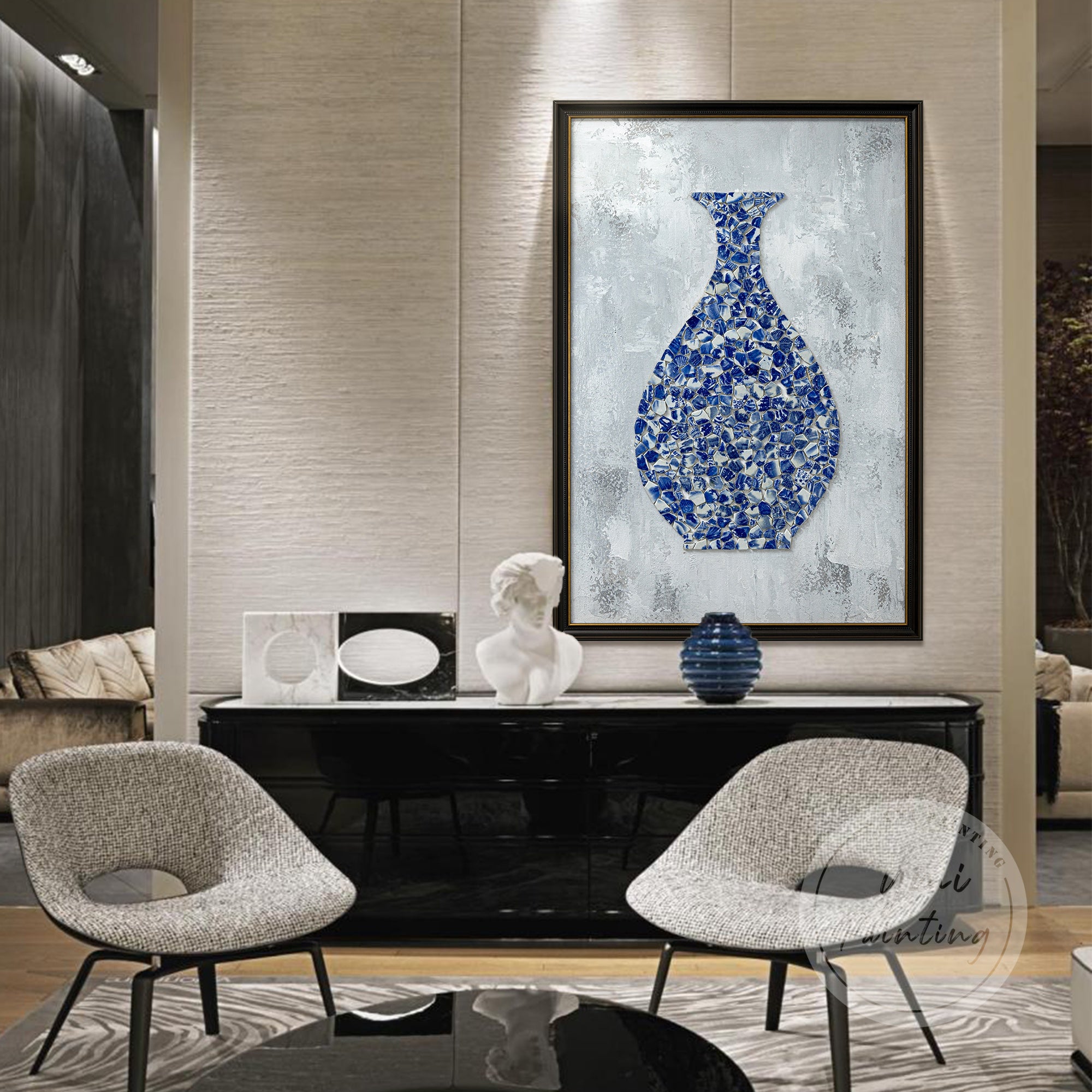 Original Blue and White Porcelain Wall Art with Vintage Frame, combining antique pottery shards into a timeless, elegant piece.