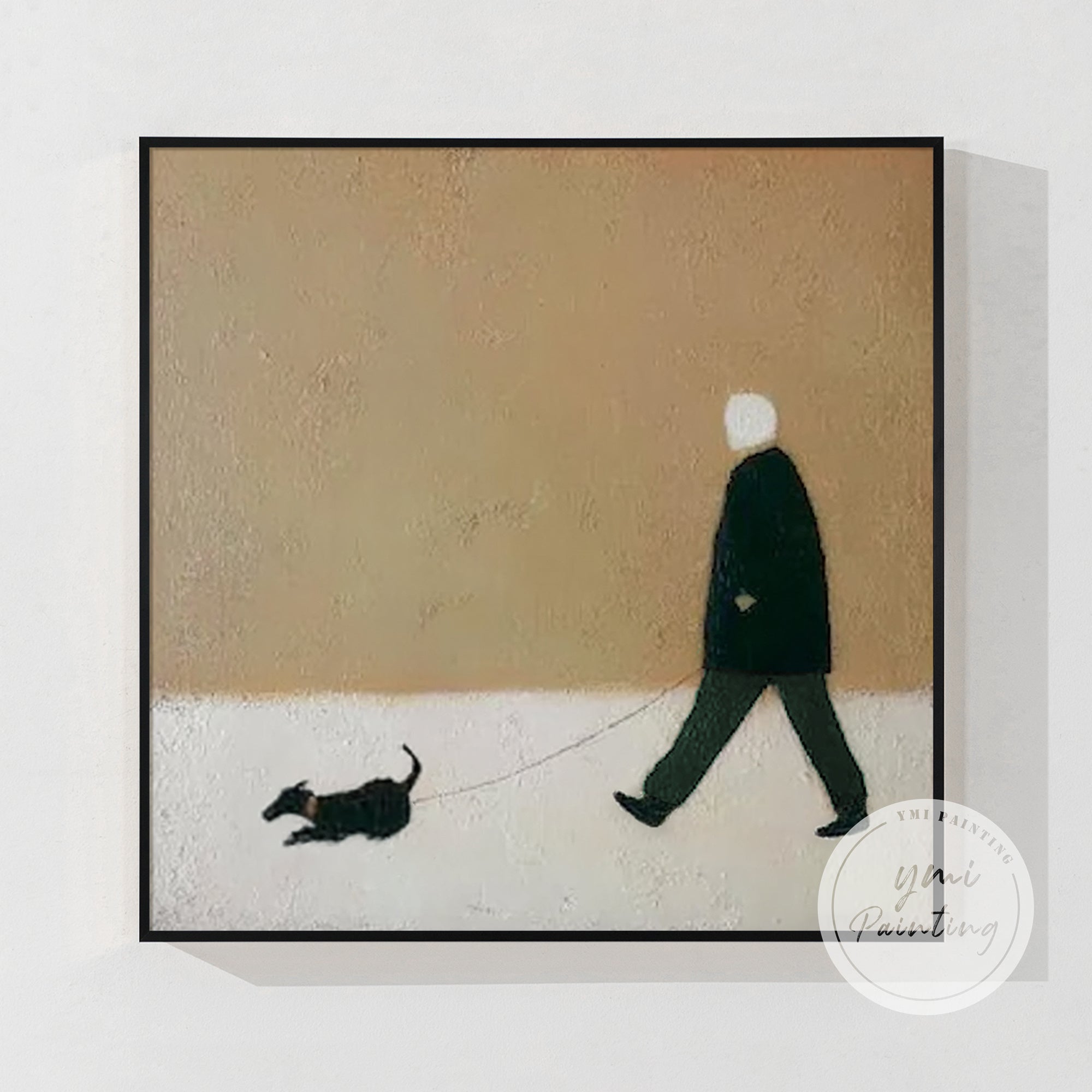 minimalist abstract painting of person walking dog