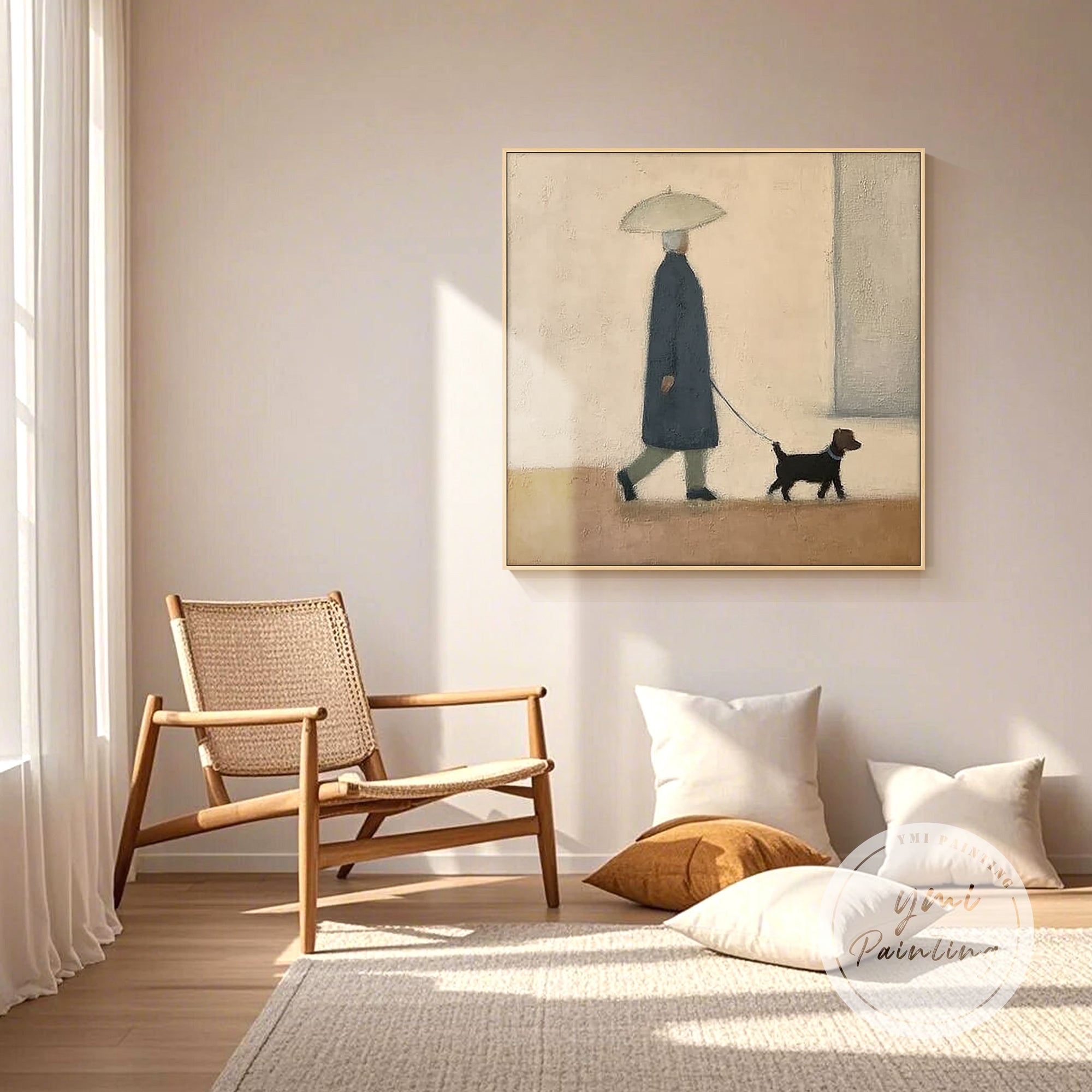 Wall art painting showing a person walking a dog, hung on a plain white wall.