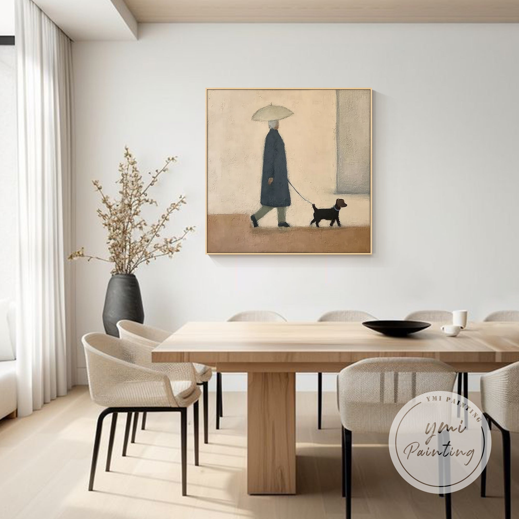 Modern minimalist painting of a person with dog, perfect decoration for a dining area.
