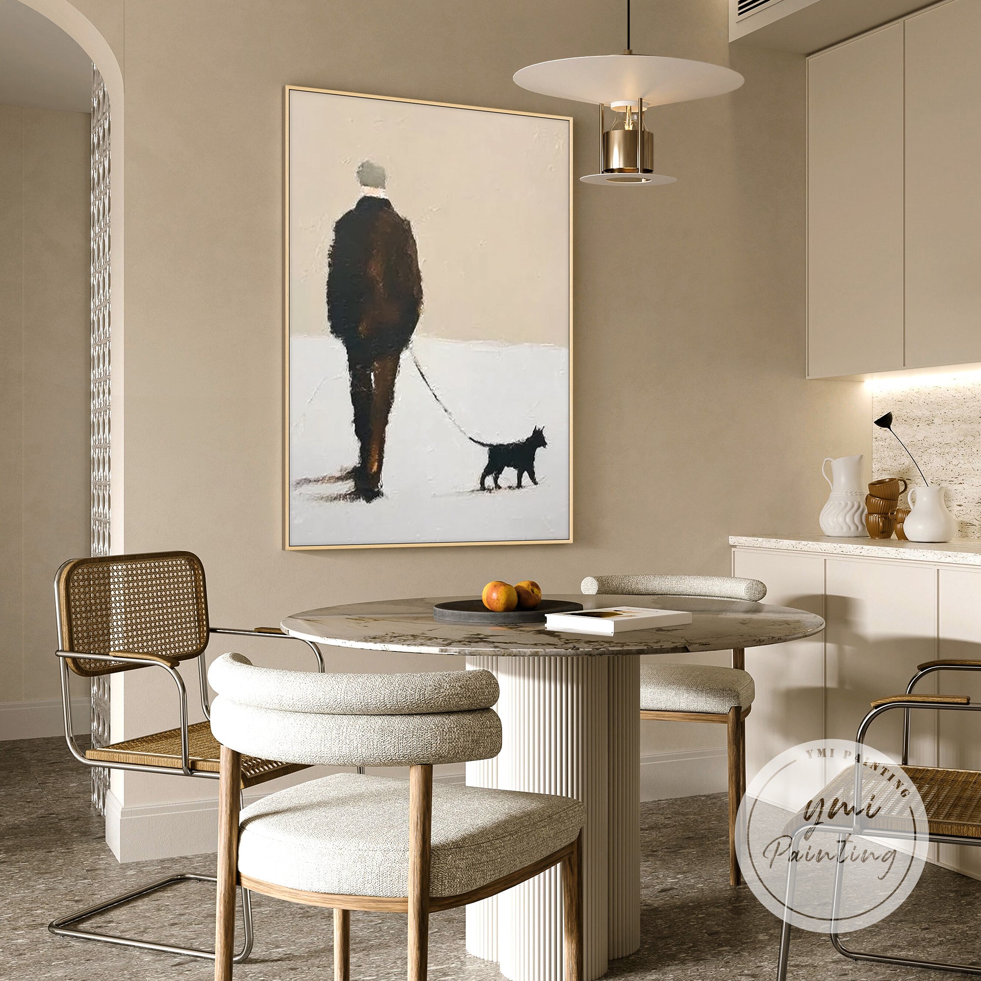 Modern neutral-toned painting of walking person with dog for dining area.