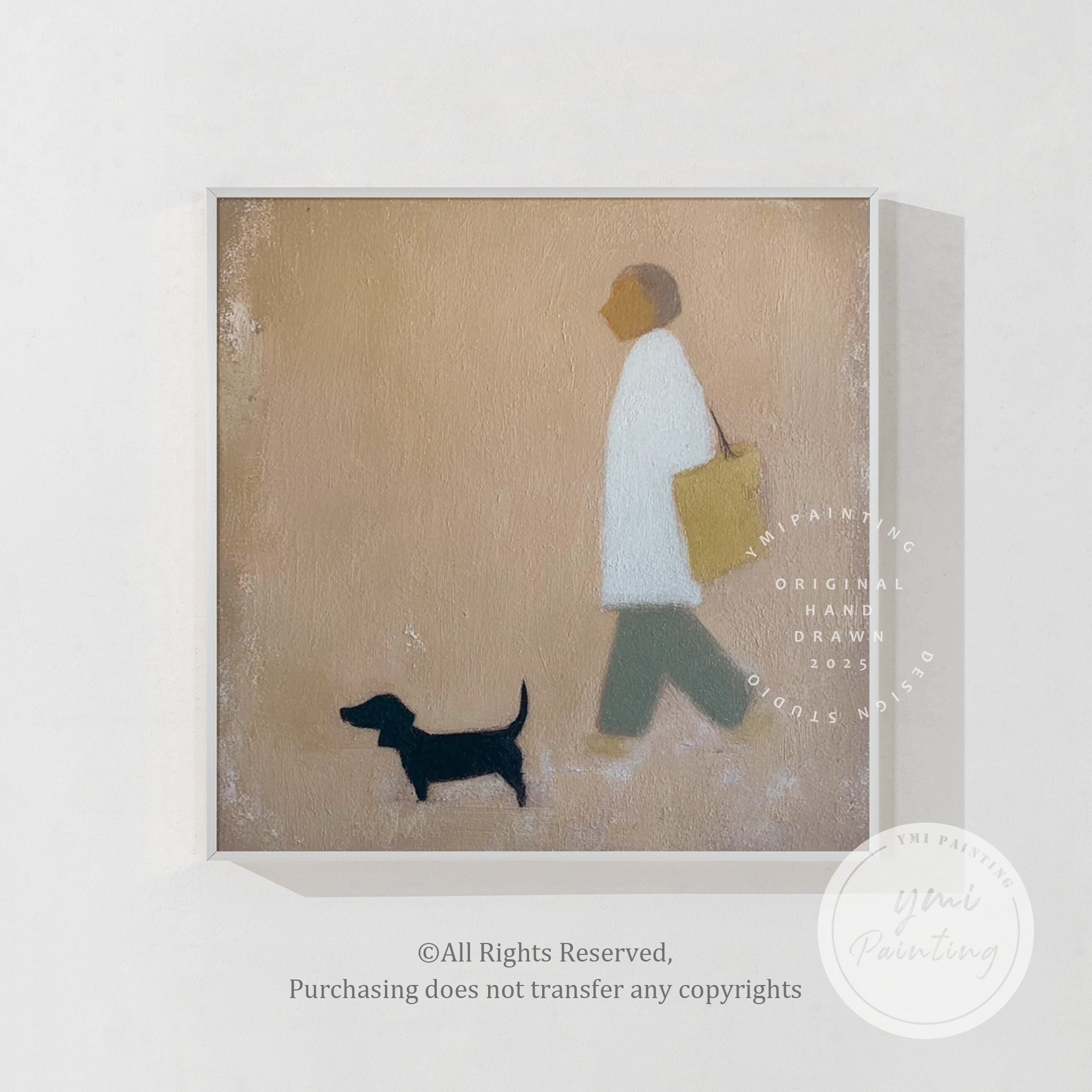 contemporary dog walking canvas art in bright living room