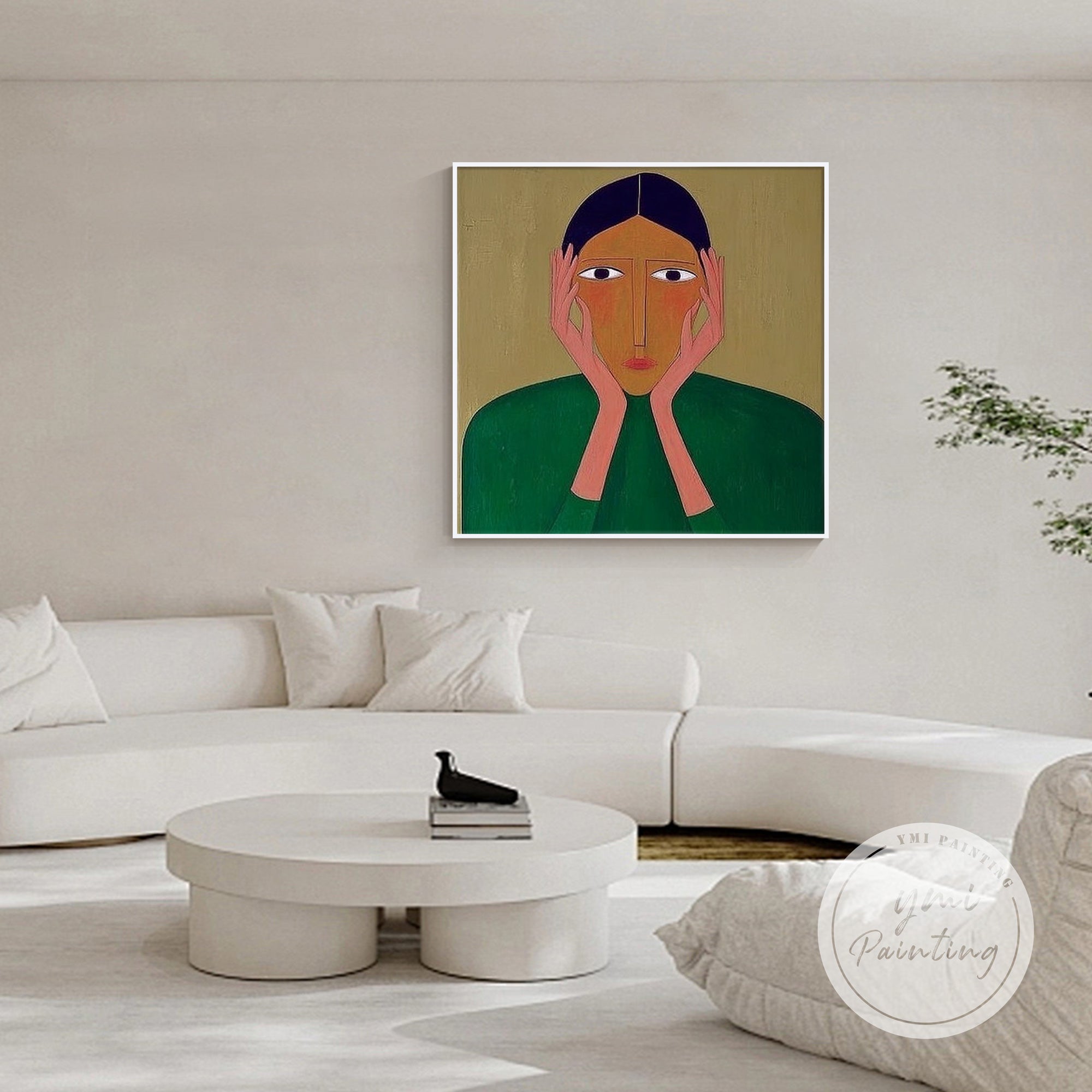 modern abstract face canvas art on plain white wall
