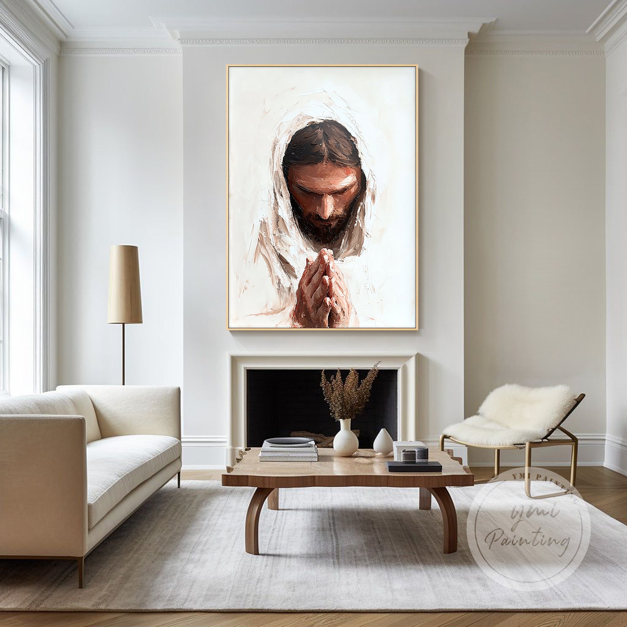 Christian Jesus painting displayed in a stylish living room setting.

