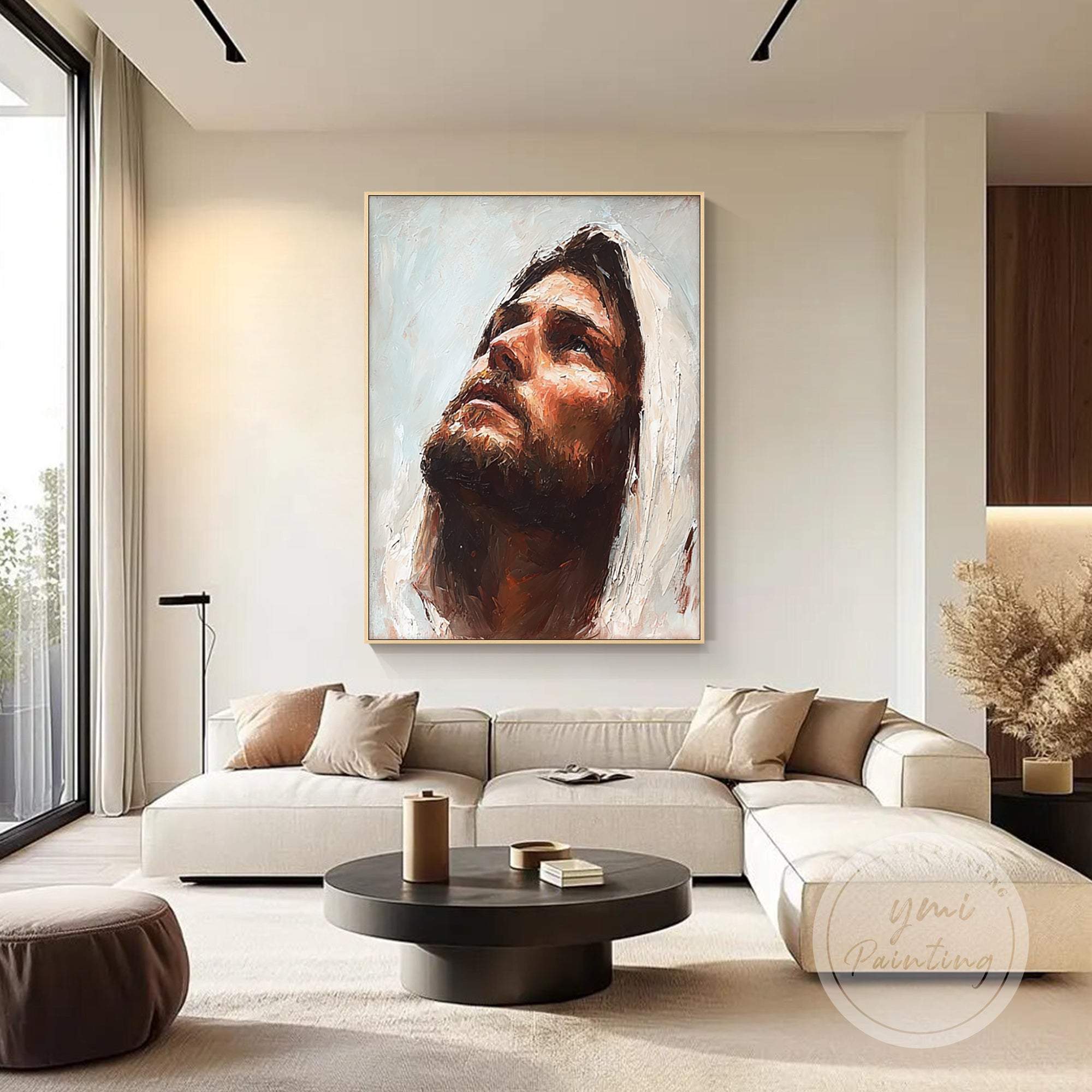Christian Jesus painting displayed in a stylish living room setting.
