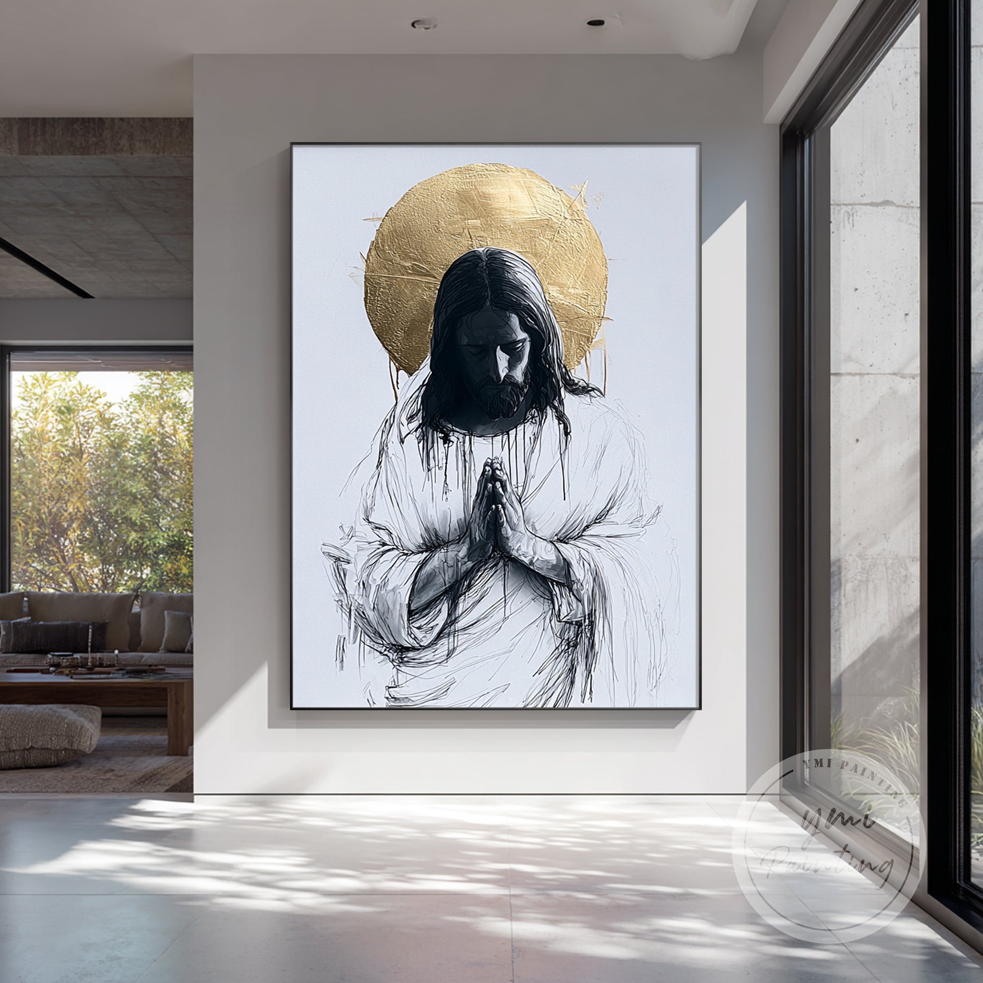 لوحة قماشية ليسوع بالأبيض والأسود على جدار أبيض للديكور