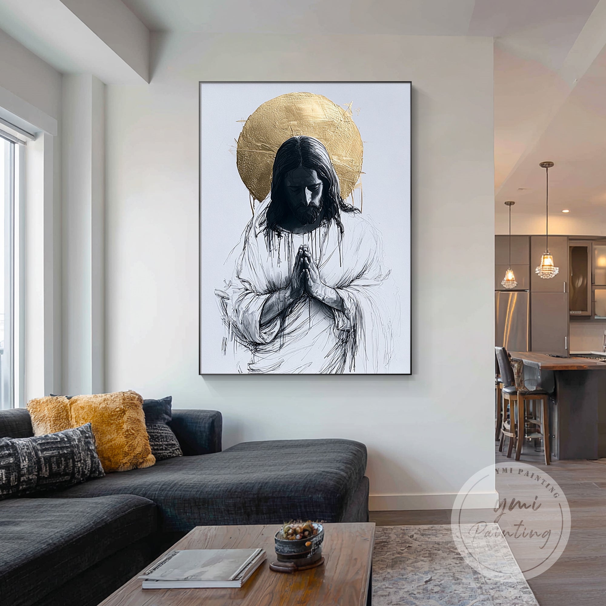 christian jesus artwork above bed in bedroom setting