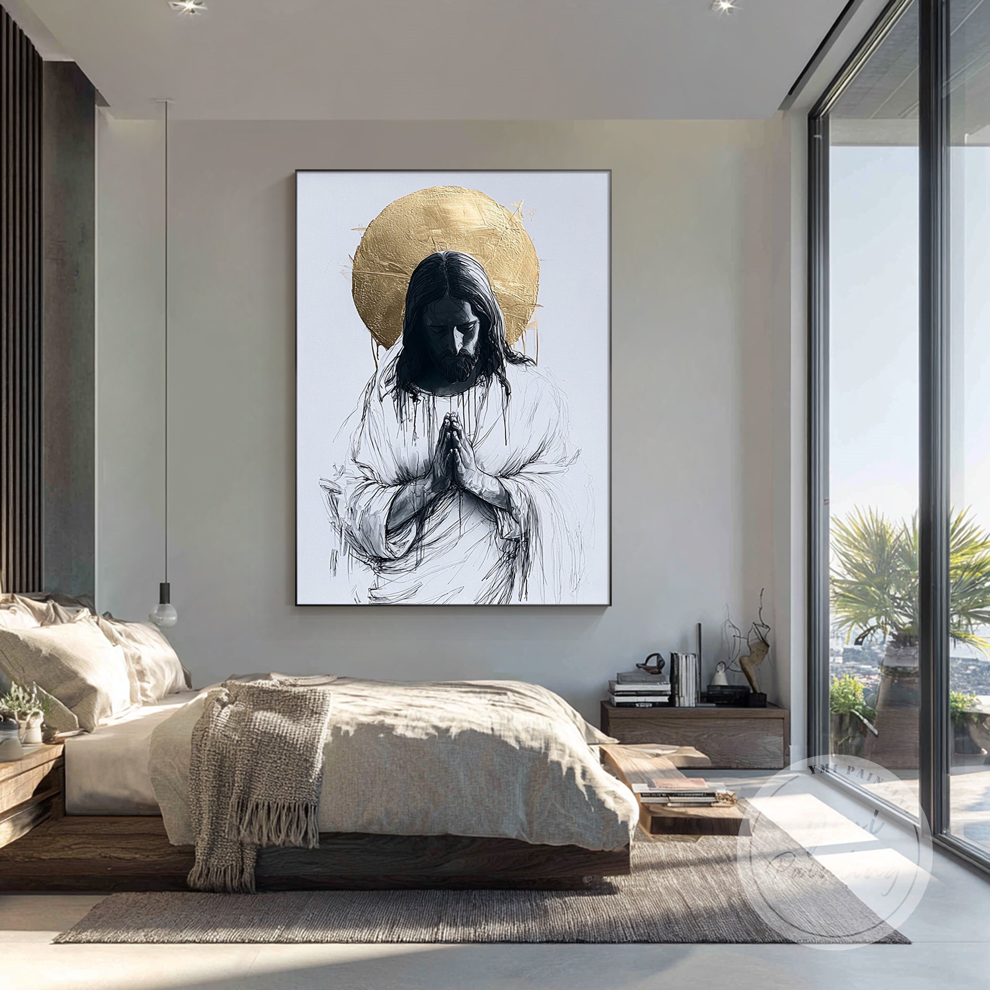 gold halo jesus painting in contemporary home interior
