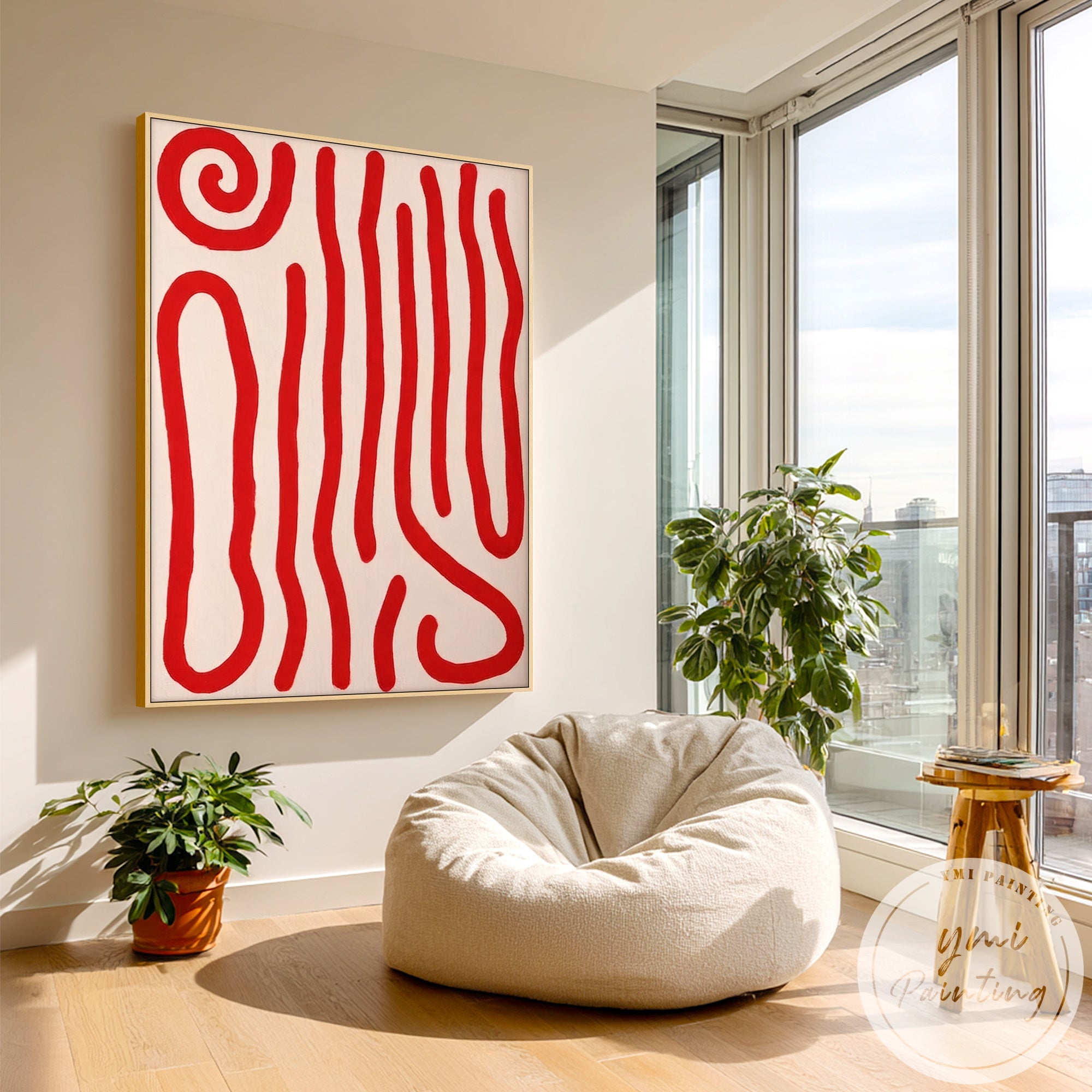 Modern canvas painting with fluid red line movement and organic spiral inspired structure, clean aesthetic decor
