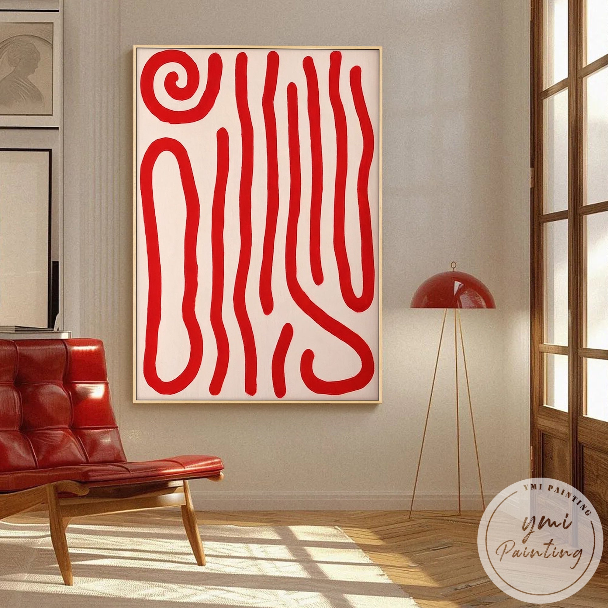 Abstract graphic art with expressive red curves and dynamic linear rhythm, modern interior wall statement piece
