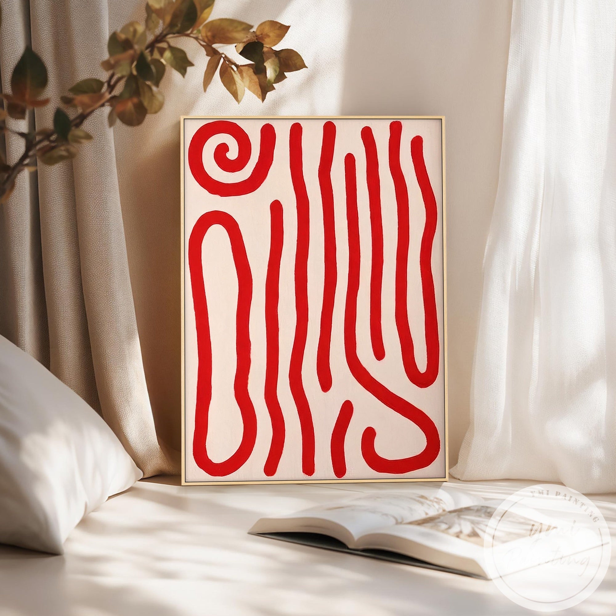 Minimalist modern artwork with red flowing line forms and structured abstract composition on neutral base