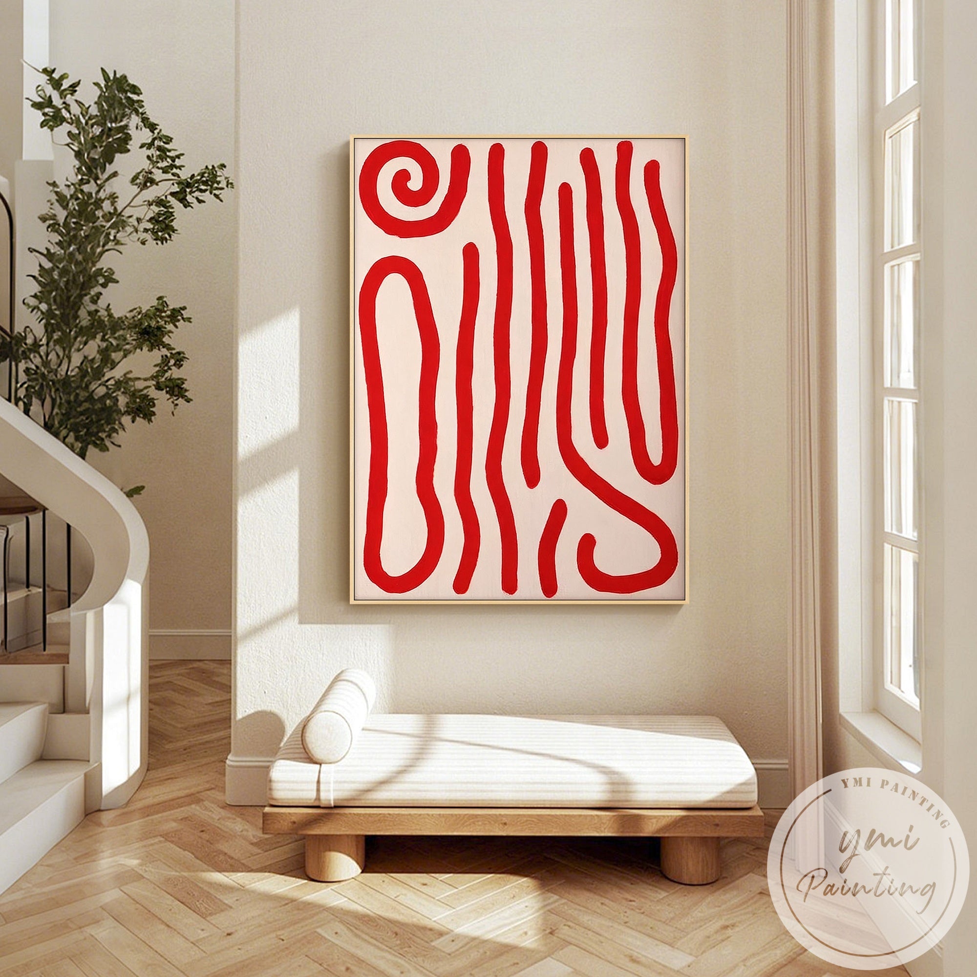Contemporary abstract canvas featuring rhythmic red line patterns and organic motion inspired design