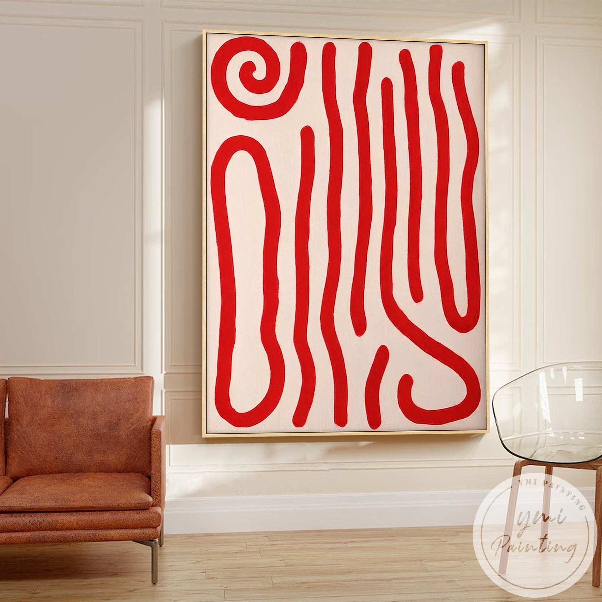 Contemporary abstract artwork featuring bold red linear waves and soft neutral balance, minimalist modern design
