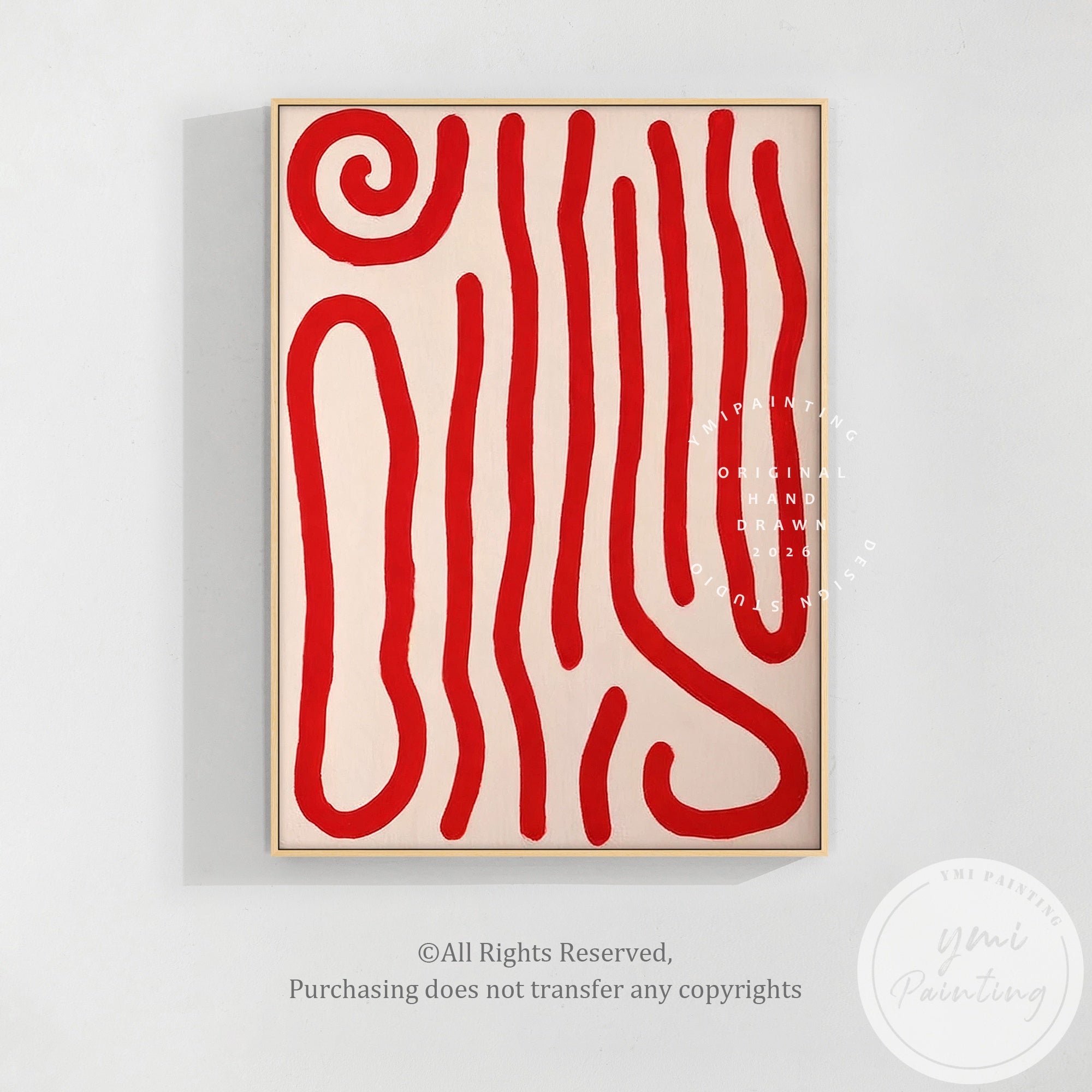 Bold modern abstract painting with fluid red strokes and geometric organic balance, minimal interior art
