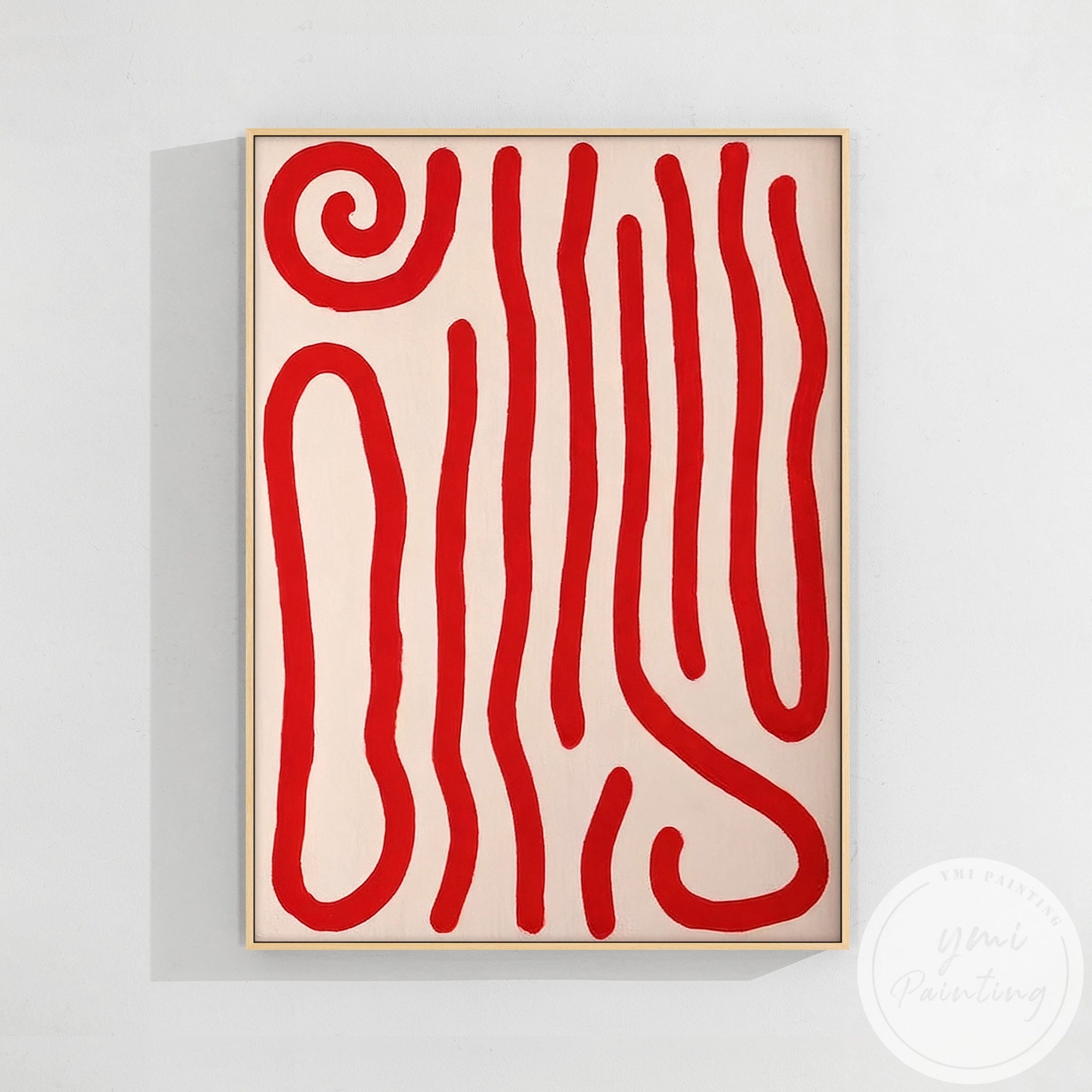 Clean aesthetic wall art with red line abstraction and soft structured movement, modern decorative canvas