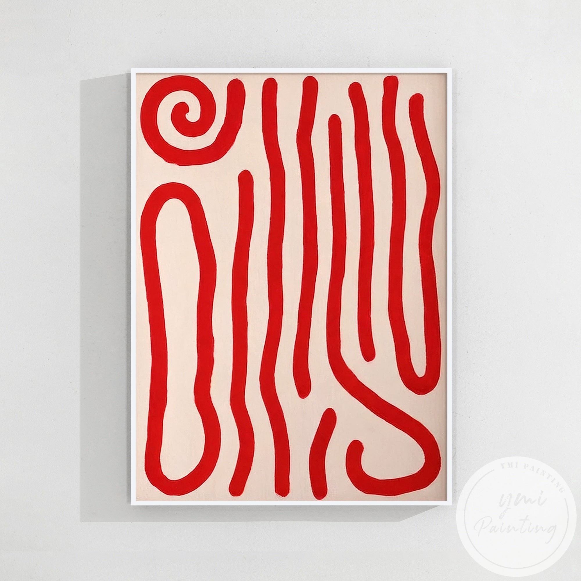 Modern minimalist abstract piece with flowing red organic lines and visual rhythm composition
