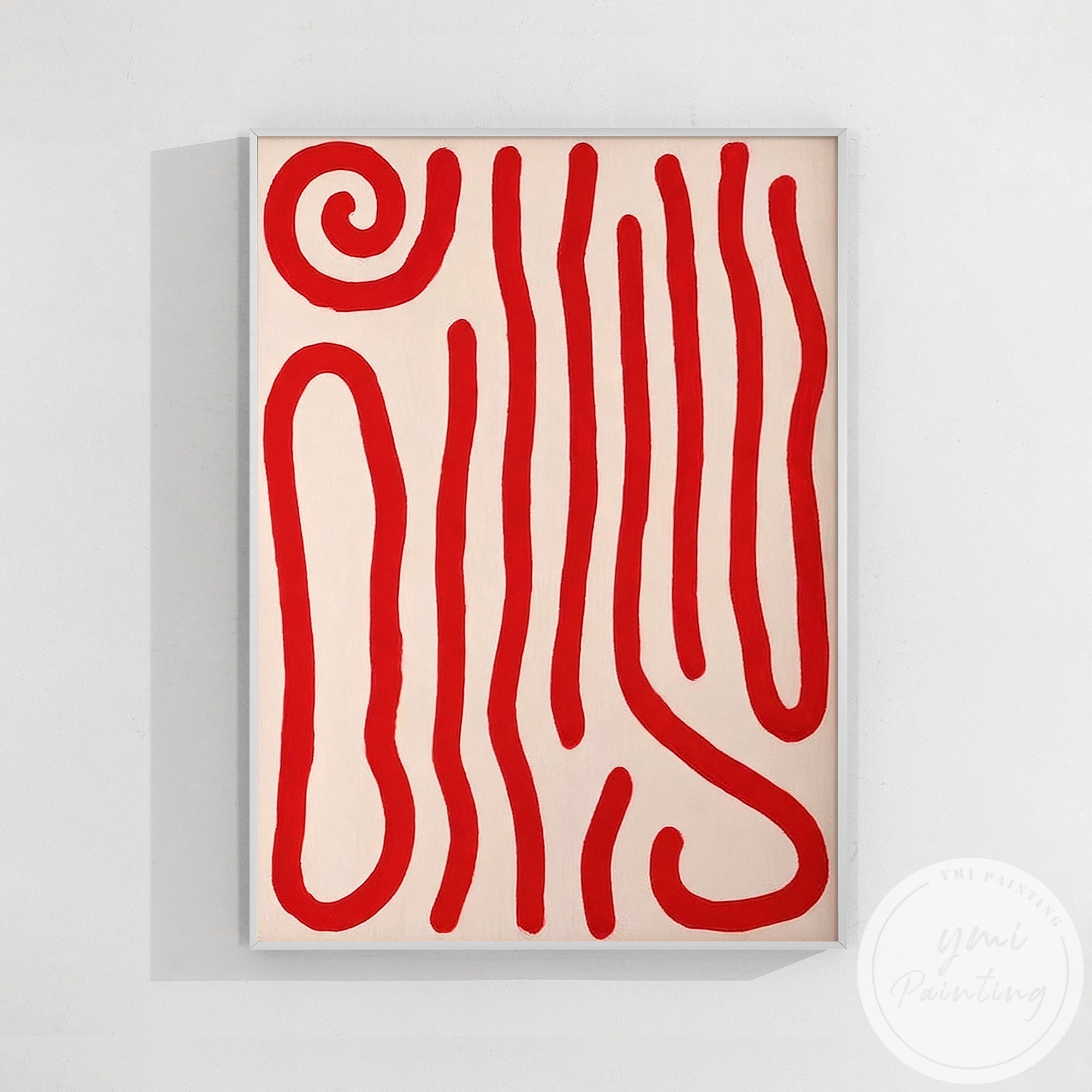 Contemporary graphic canvas artwork with bold red linear flow and abstract organic movement design
