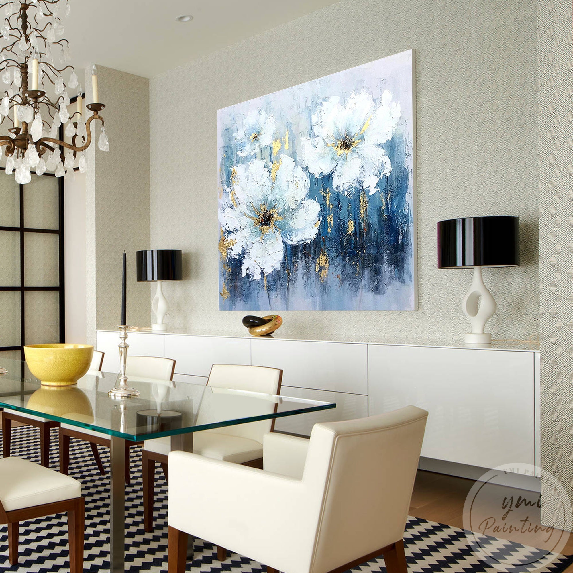 White flowers with gold accents wall painting bring luxury and calm to a sophisticated dining room.