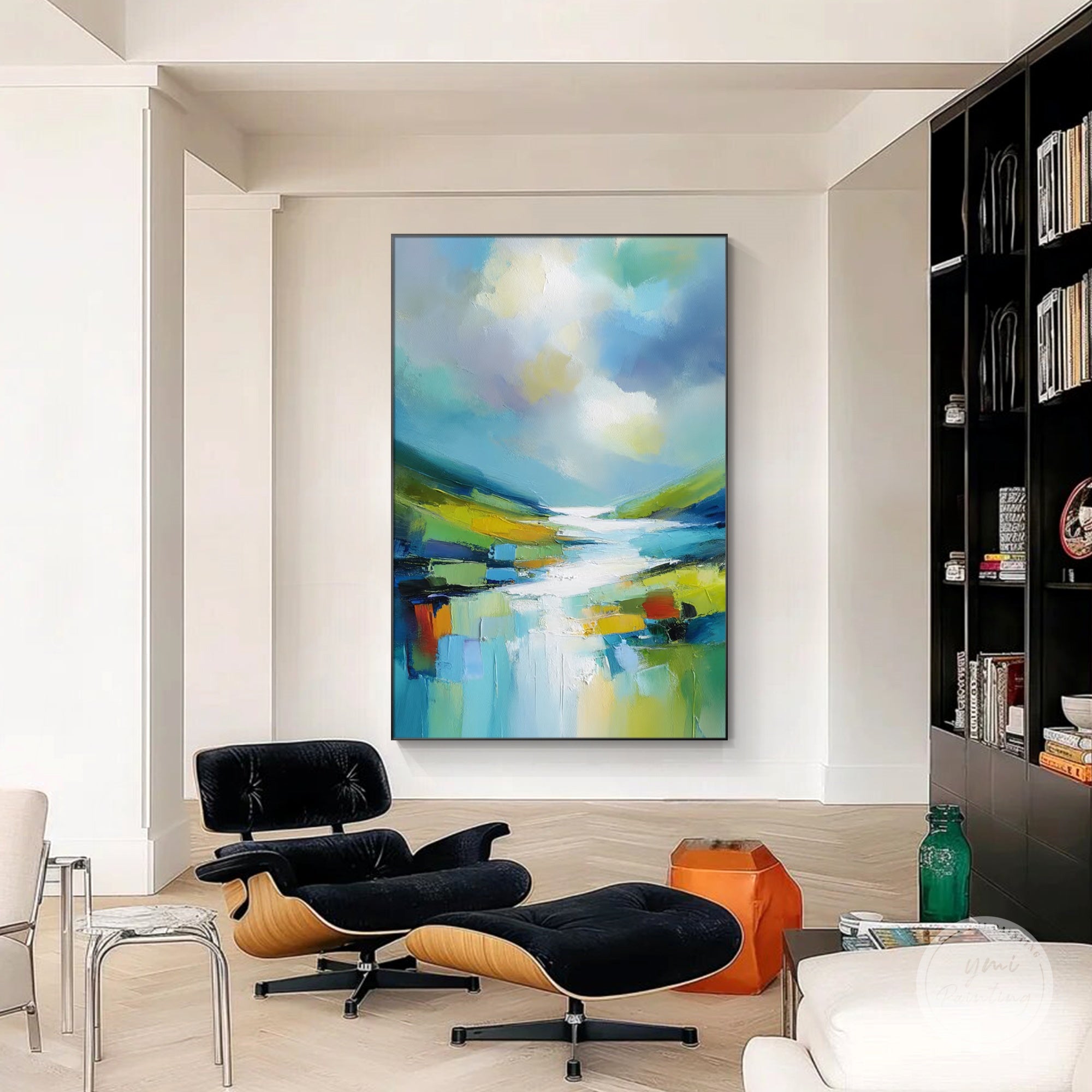 Riverside impressionist wall art featured in a contemporary living room