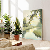 Serene Riverside PaintinG–Spring Day with River,Green Fields&Sunlight