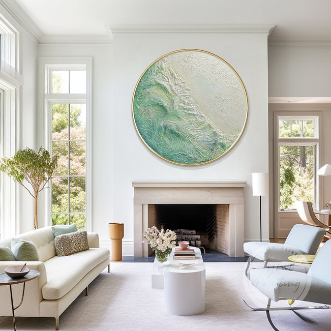 Hand-painted textured ocean waves in a circular design with a white background.