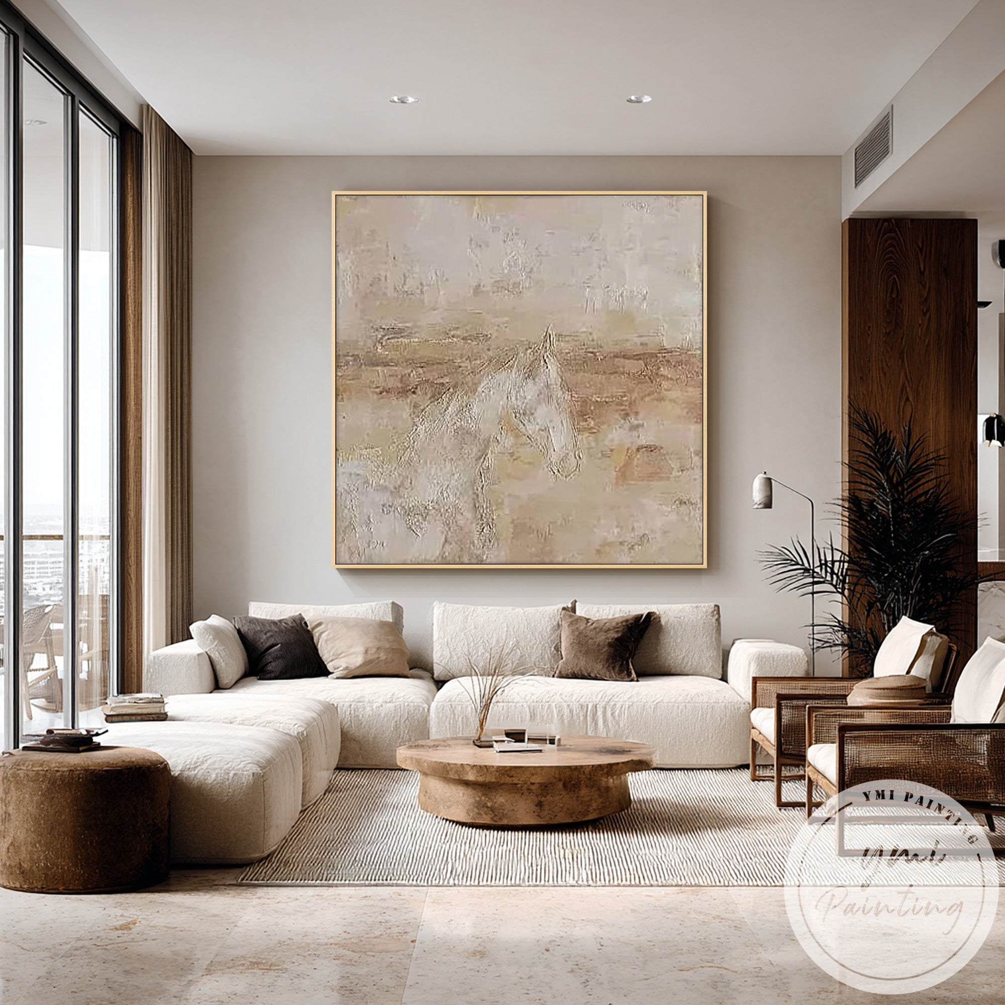 Beige equine abstract painting in Scandinavian minimalist living room interior