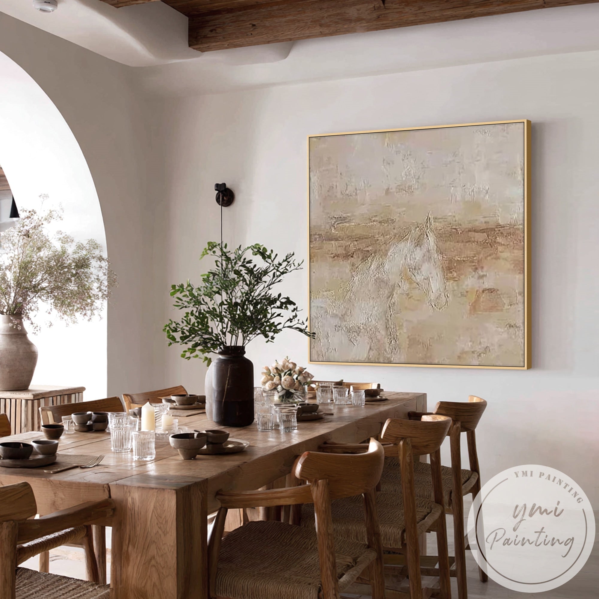 Modern rustic animal wall art in Japandi style living room with natural tones