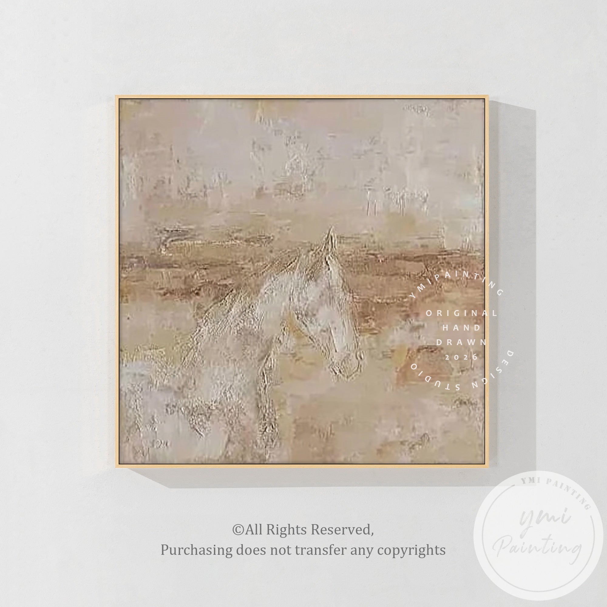 Abstract horse wall art displayed above wooden dining table in modern dining room