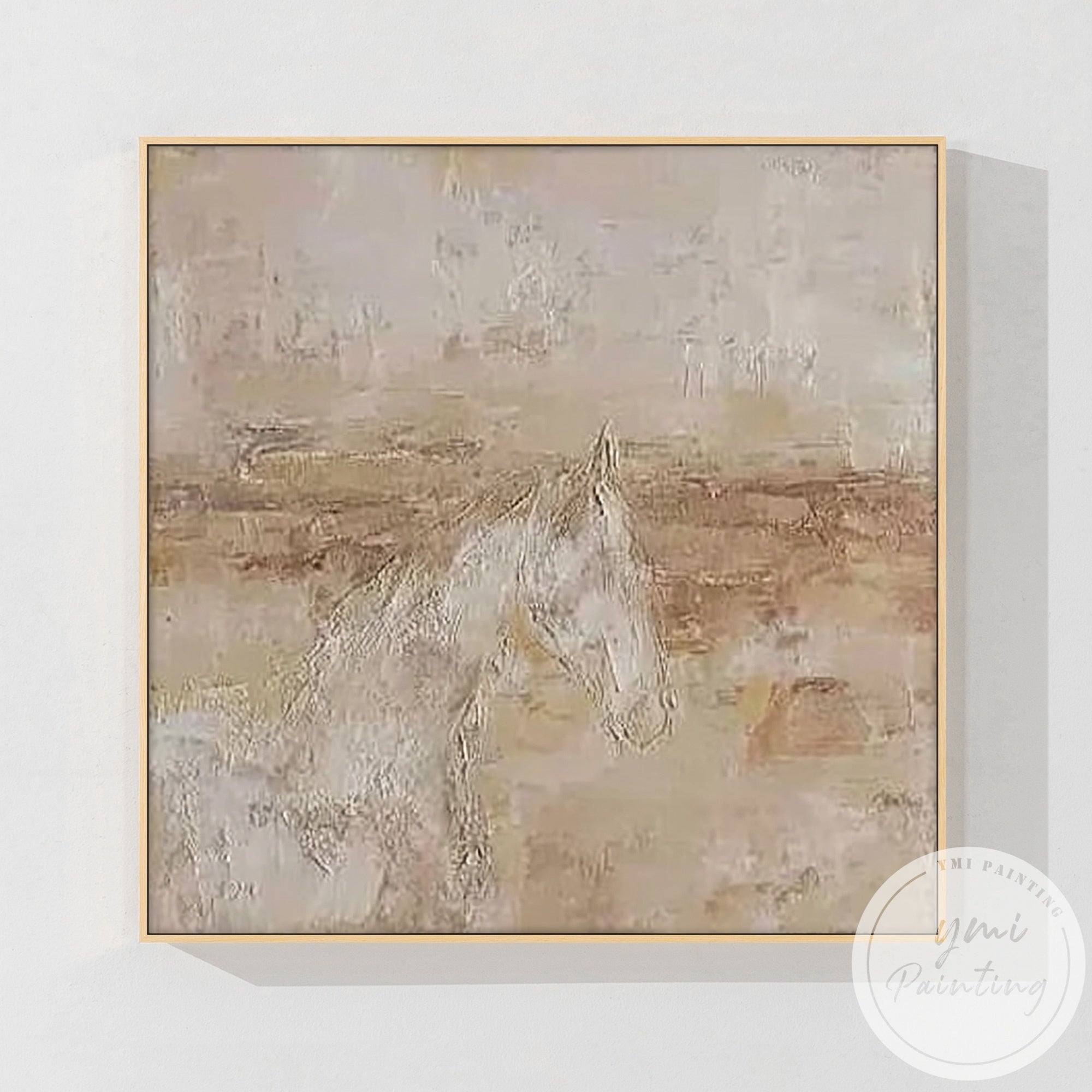 Rustic neutral animal painting in cozy bedroom above upholstered headboard