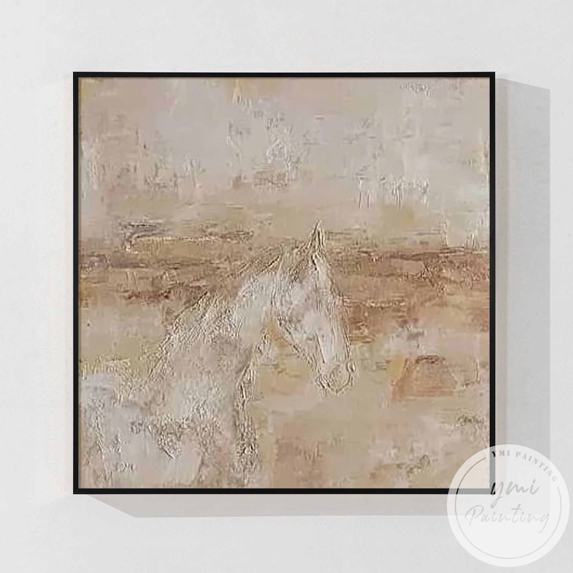 Large beige horse canvas painting in open concept living and dining room