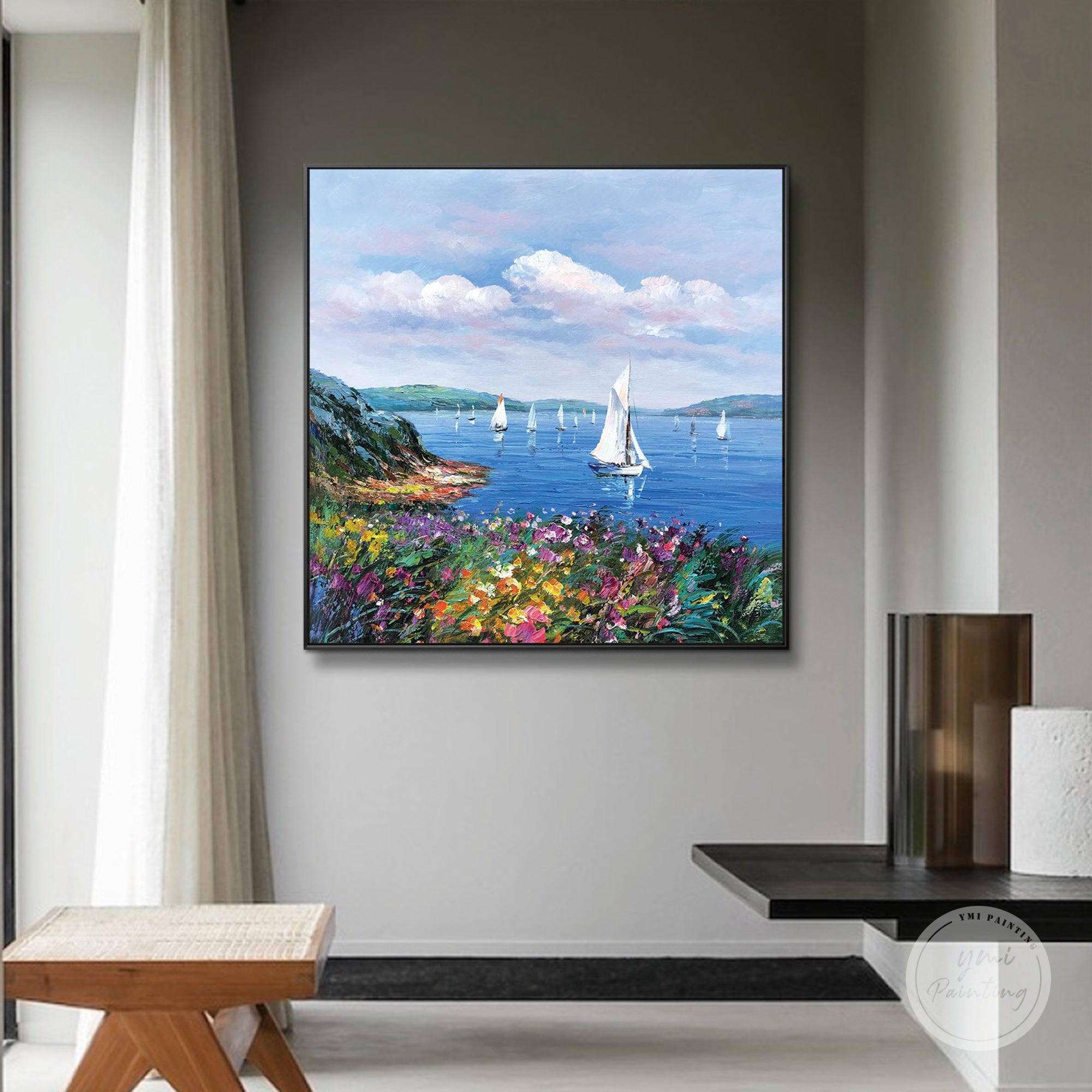Sailboat ocean painting for entryway wall decor with coastal landscape and pastel sky