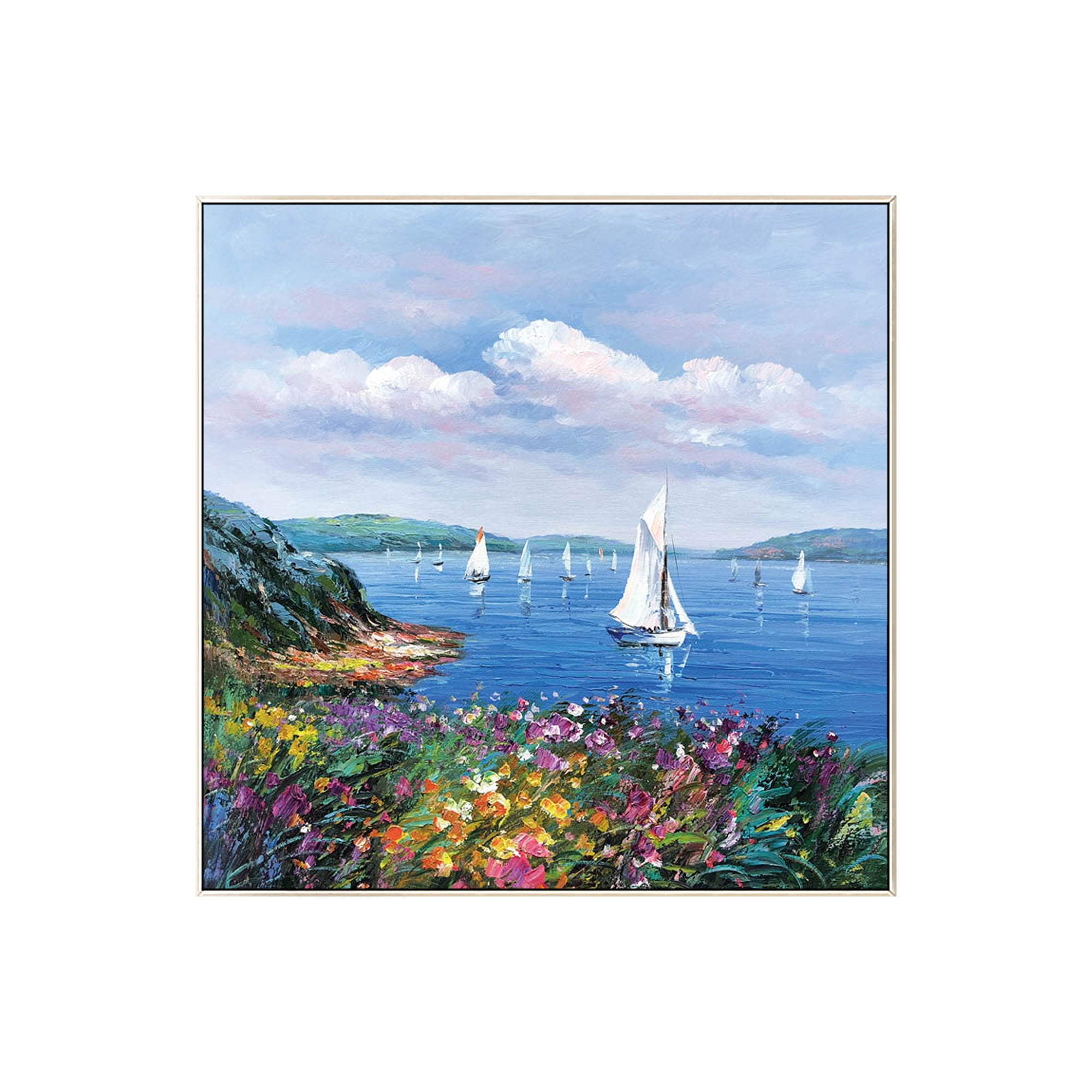 Sailboat Seascape Painting, Floral Coastal Wall Art for Living Room
