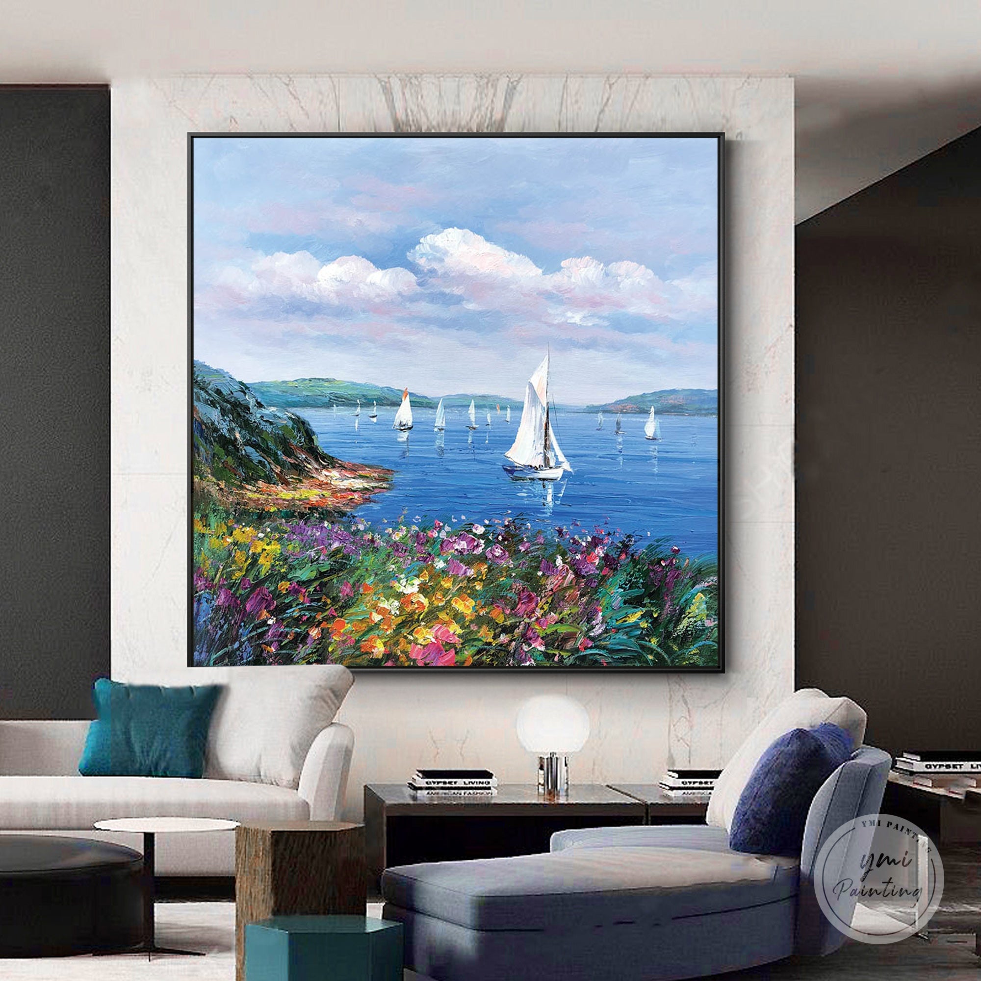 Sailboat seascape painting for living room wall decor with blue ocean and colorful flowers