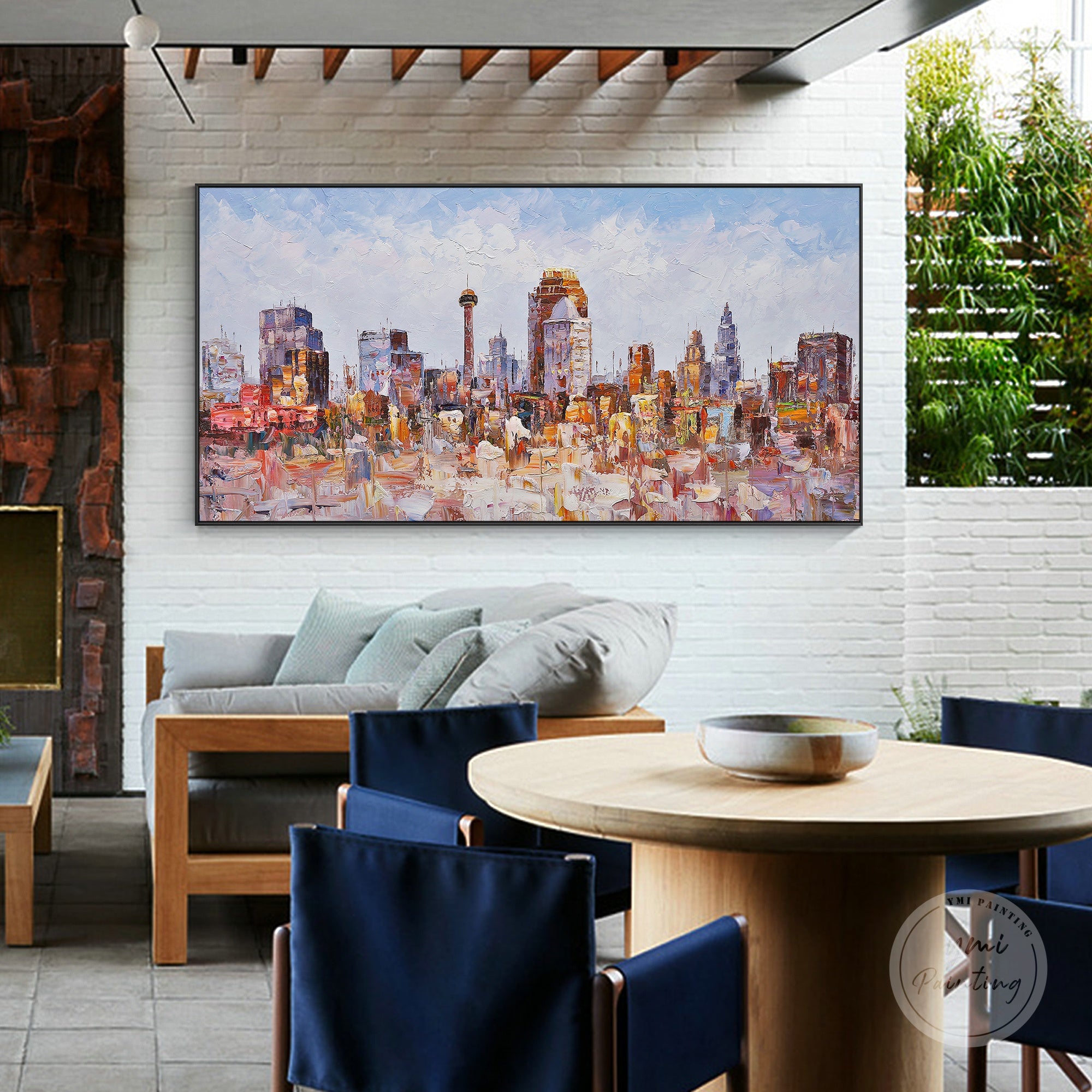 Abstract San Antonio skyline oil painting with coral pink tones, showcasing the city's dynamic energy.