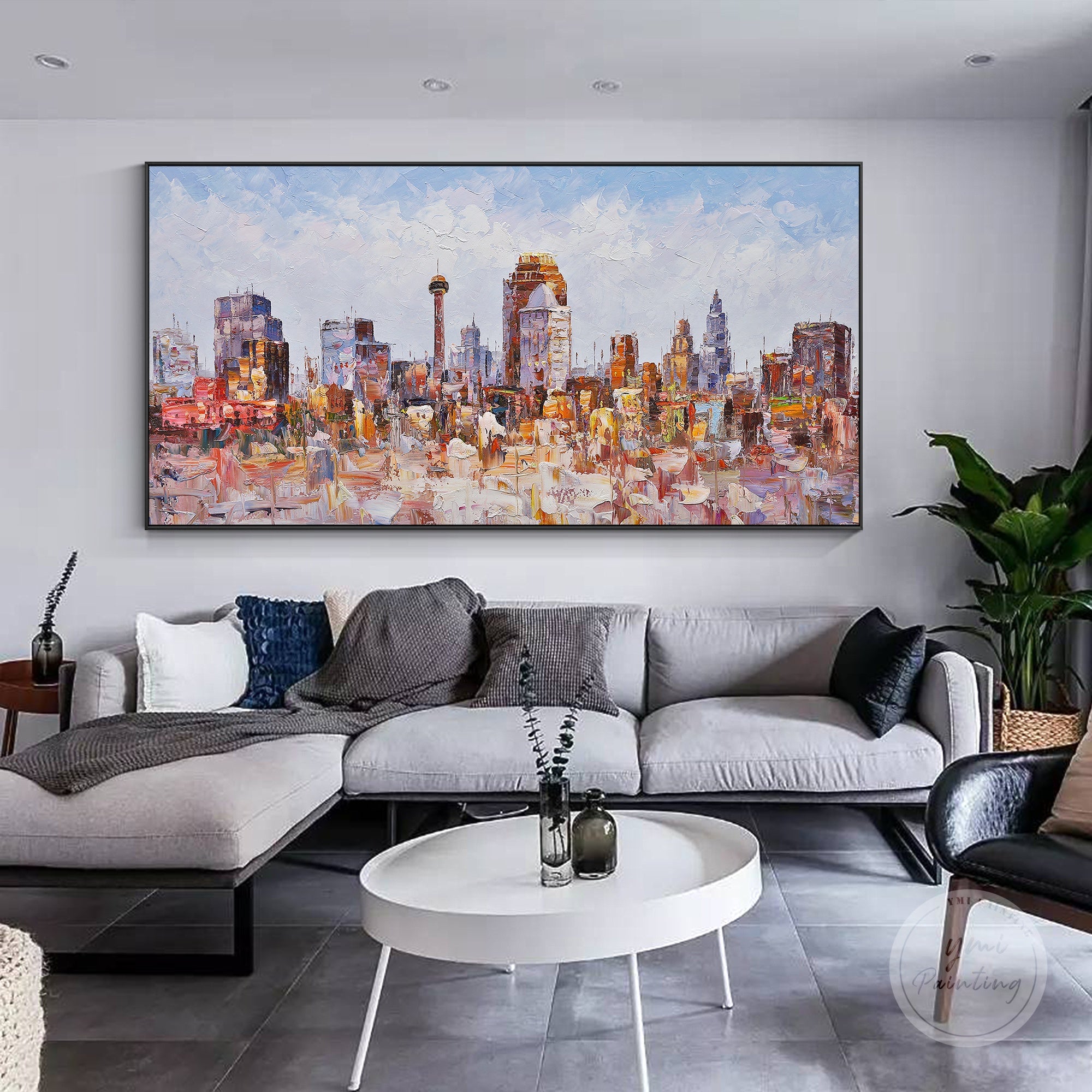 San Antonio cityscape in abstract palette knife art, capturing the city’s skyline in vibrant coral pink hues.