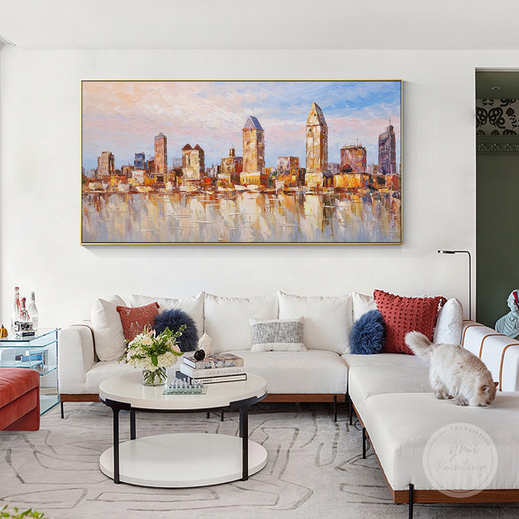 Hand-painted San Diego cityscape with abstract sunset glow, framed canvas art.