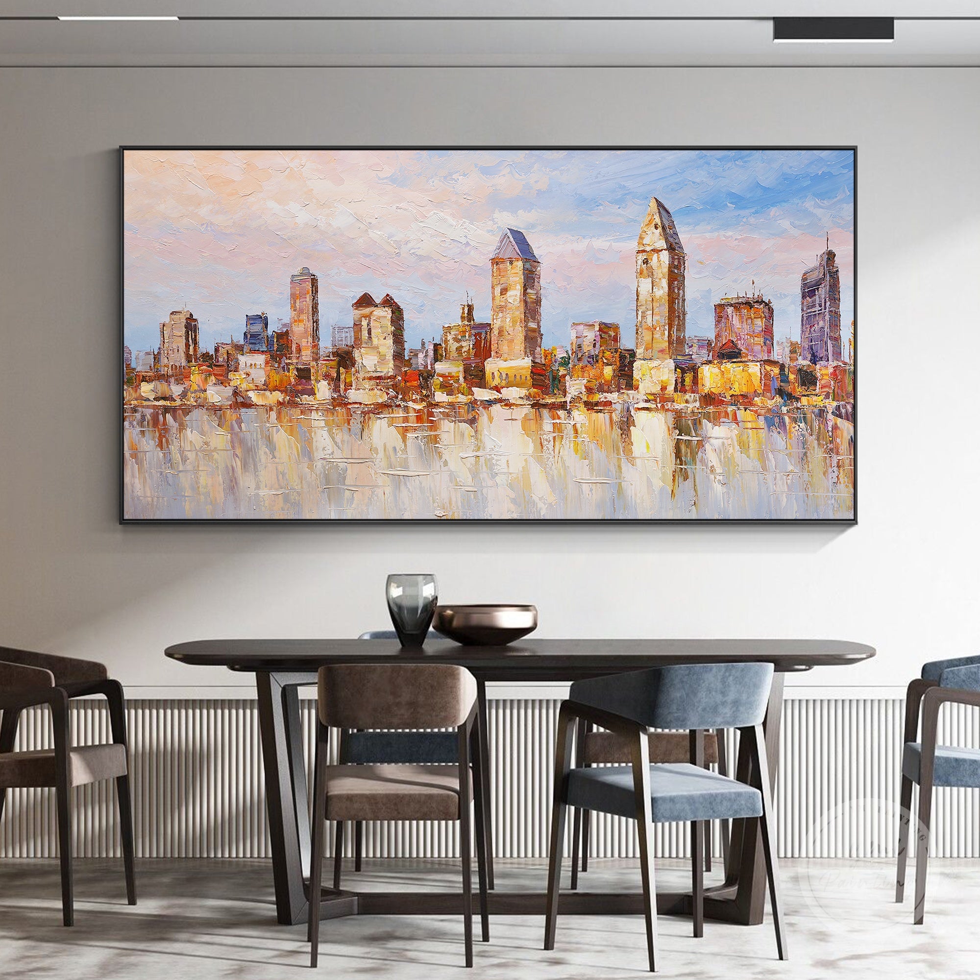 Abstract San Diego cityscape painting, framed canvas art featuring sunset glow over the skyline.