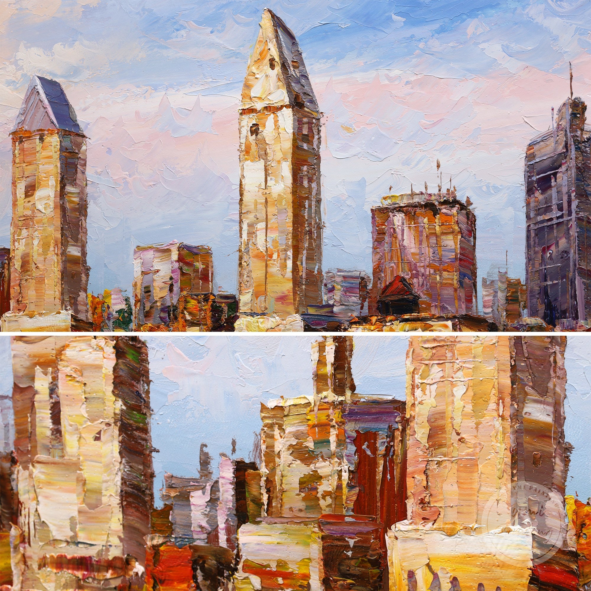 San Diego sunset skyline oil painting, with vibrant abstract tones of orange, pink, and purple.