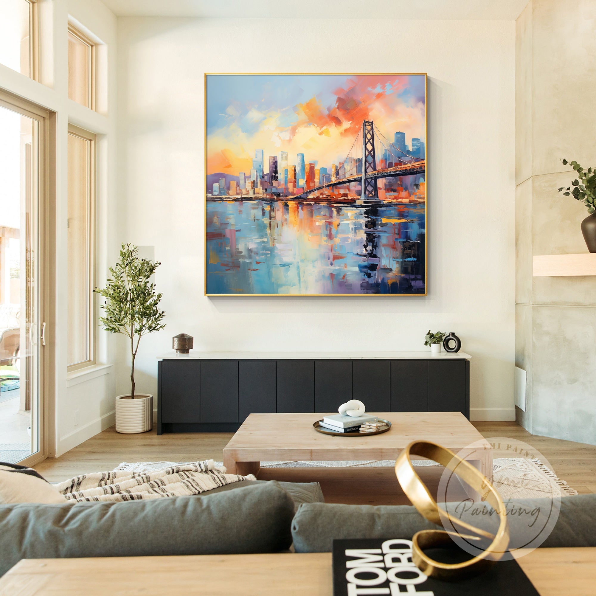 Large original San Francisco painting featuring the iconic Golden Gate Bridge, designed to bring a touch of California's beauty to any space.