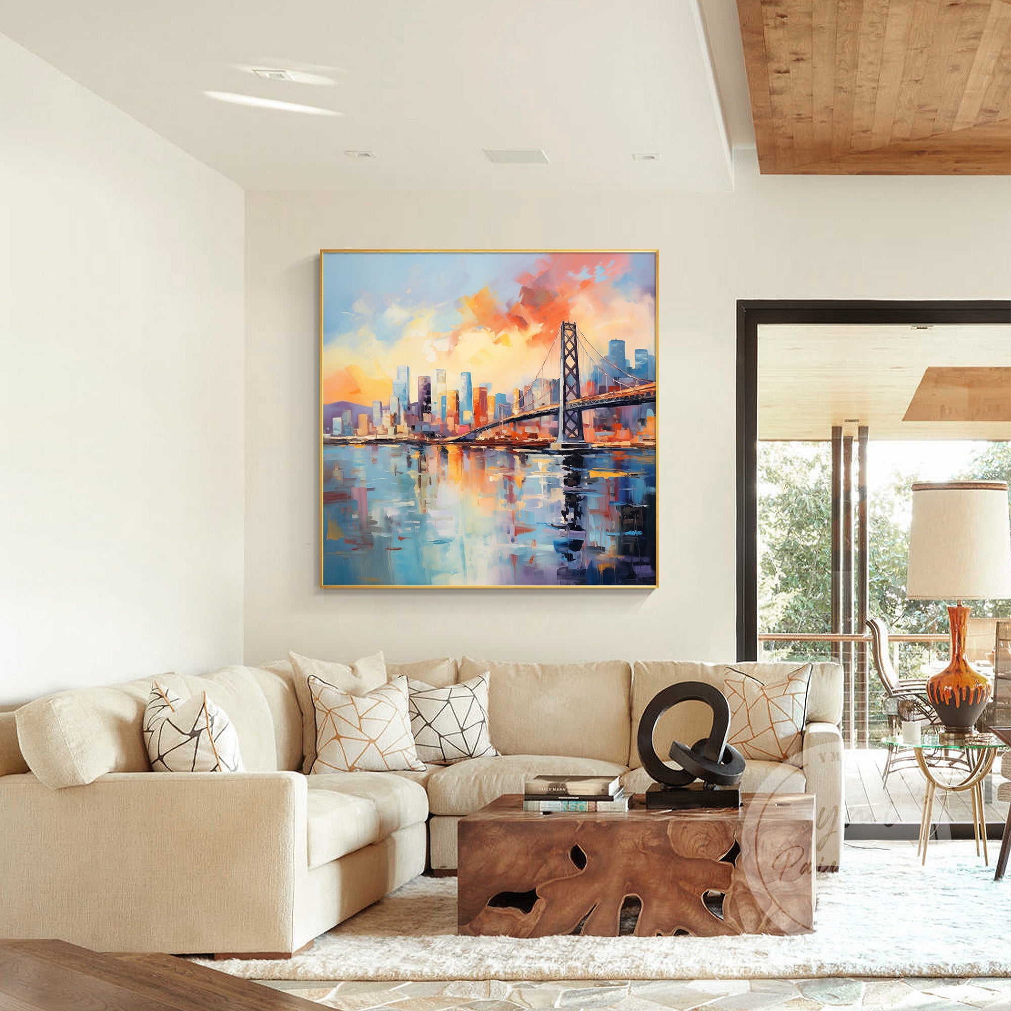 Golden Gate Bridge canvas art, capturing the majestic beauty of San Francisco's most famous landmark with vibrant colors and textured details.