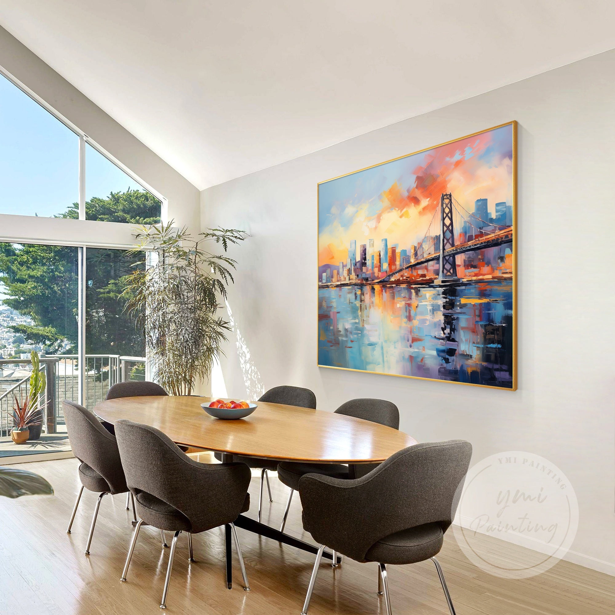 Hand-painted San Francisco art, showcasing the Golden Gate Bridge in a dynamic, bold style perfect for modern home or office decor.