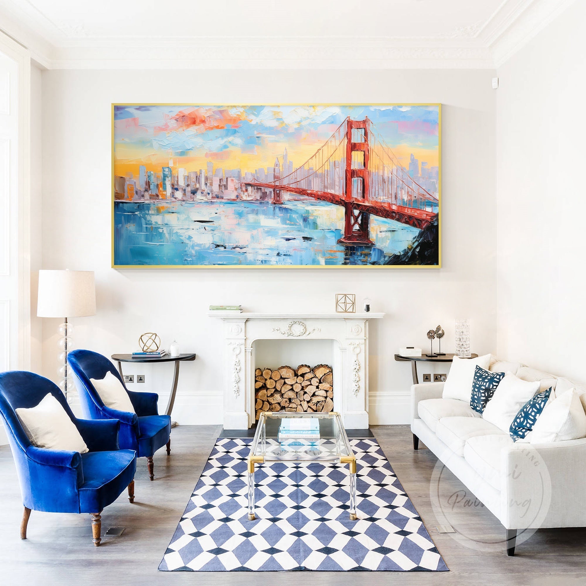 Impasto oil painting of the Golden Gate Bridge with vivid red and blue hues, offering textured depth.